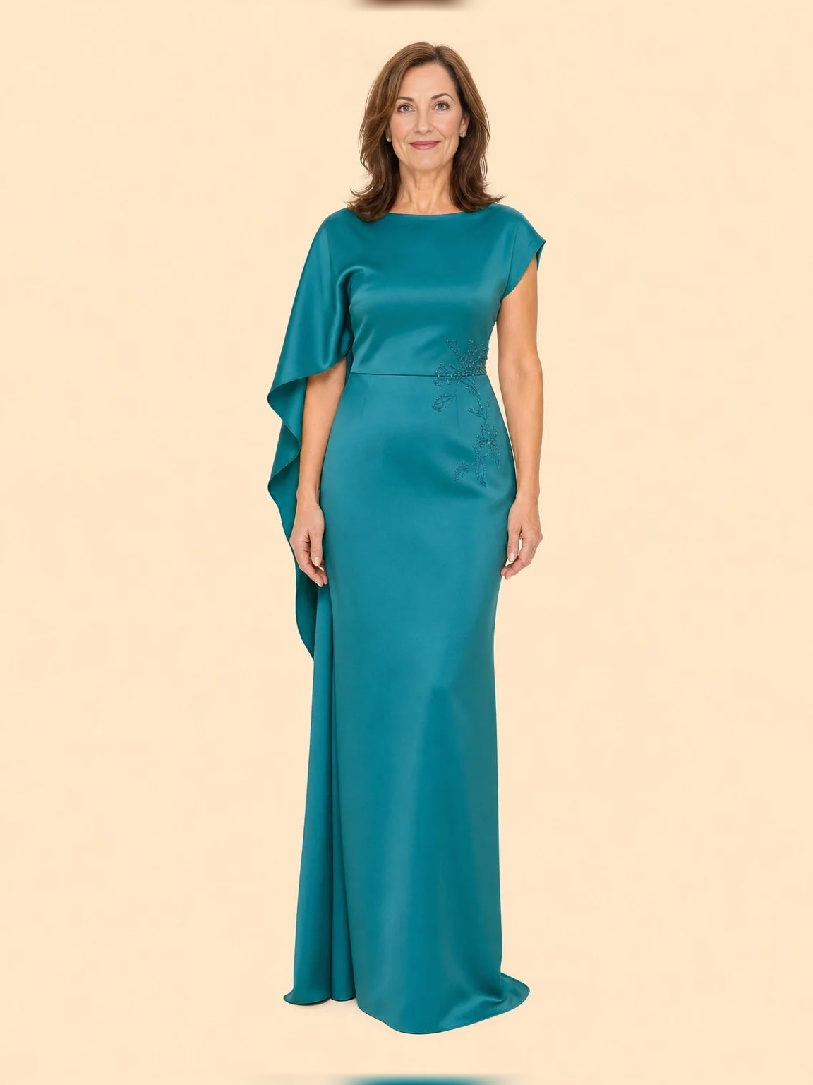 Draped Beaded Floral Boat Neck Mermaid Maxi Satin Mother of the Bride Dress for Destination Wedding