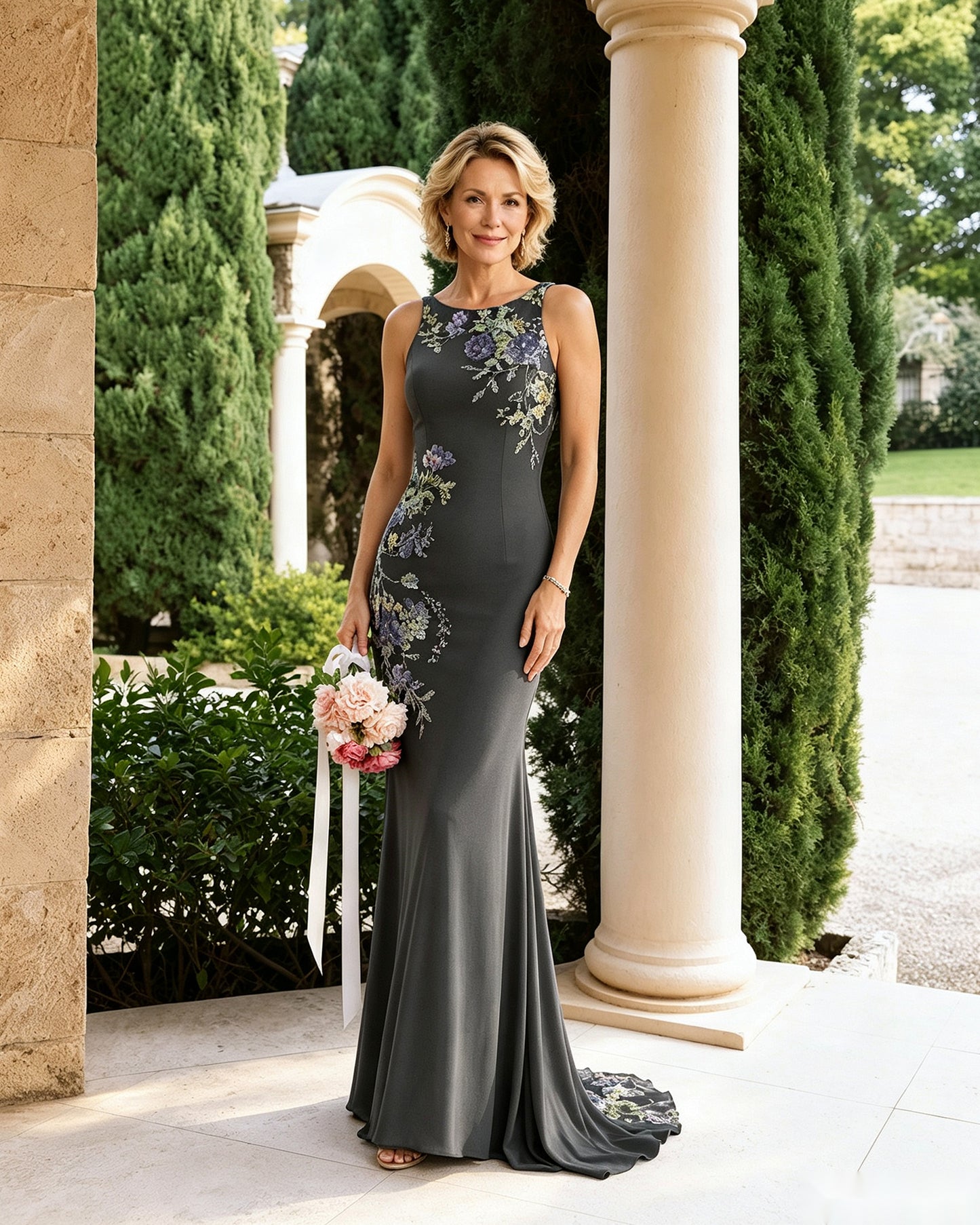 Floral Embroidered Halter Mother of the Bride Dress with Statement Train