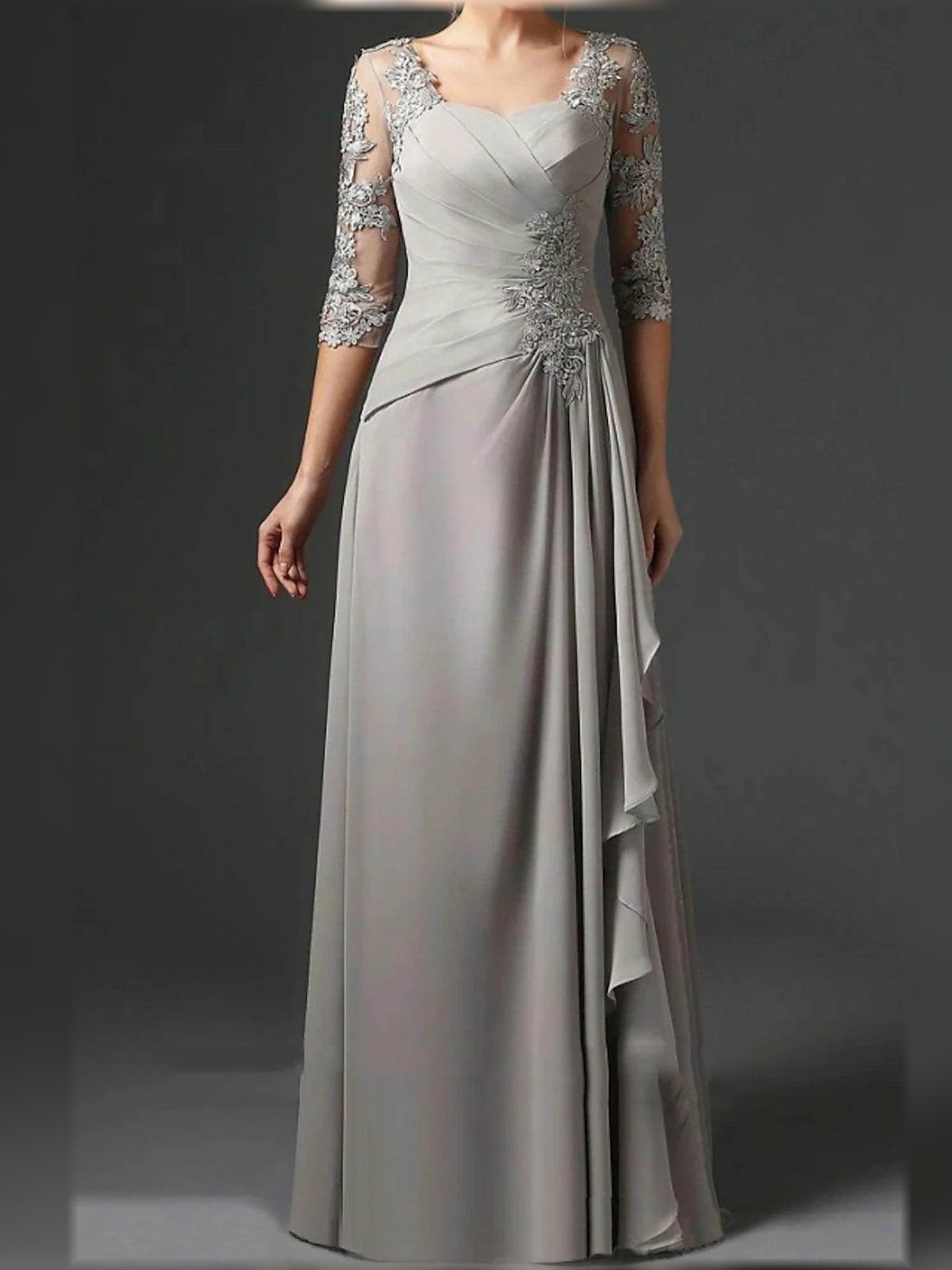 Ruched Draped Floral Ruffled Square Neck A-Line Floor-Length Chiffon Mother of the Bride Dress for Ceremony Dinner