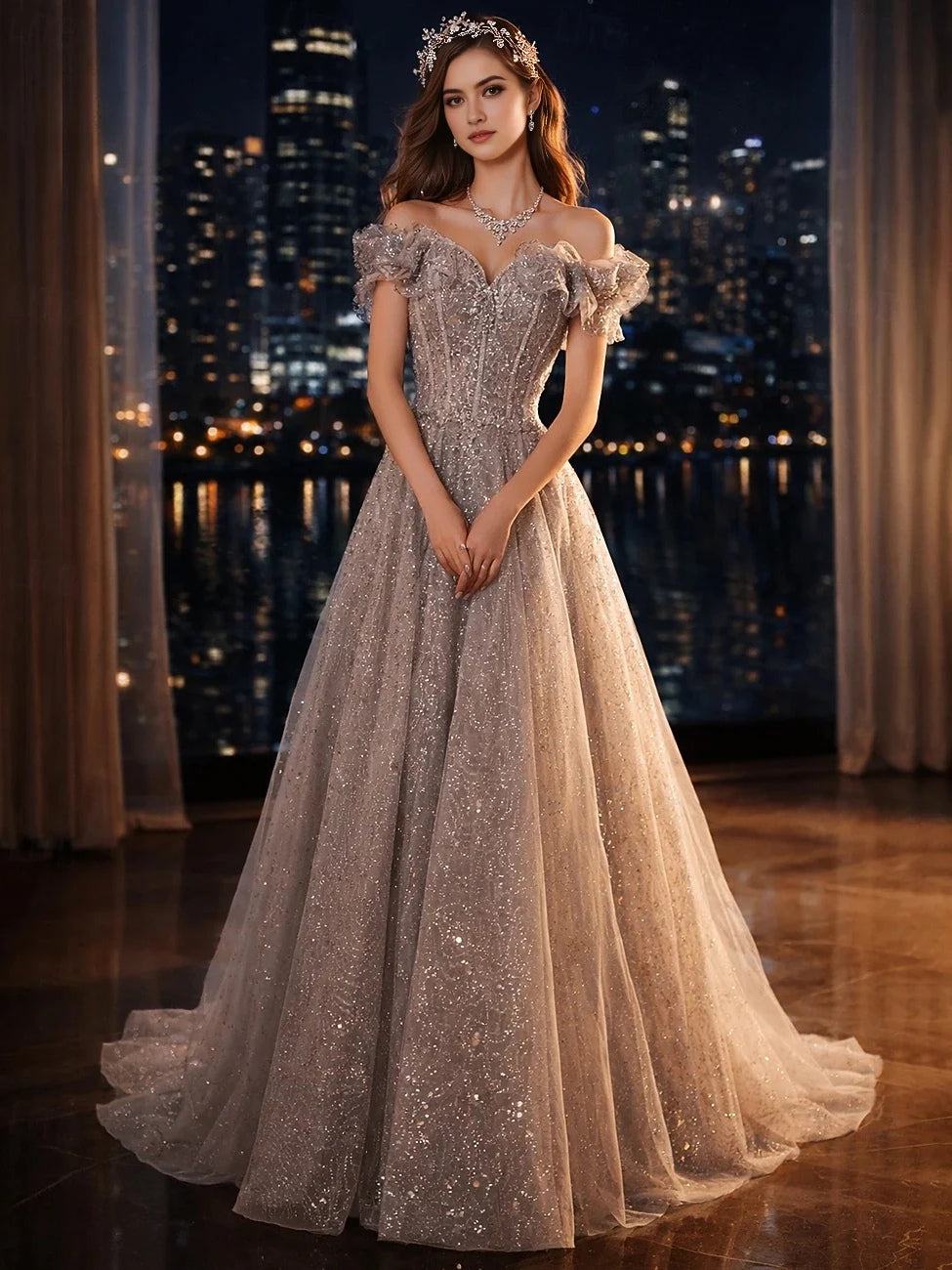 Corset Ruffled Off Shoulder A-Line Floor-Length Tulle Prom Dress for Black Tie Event