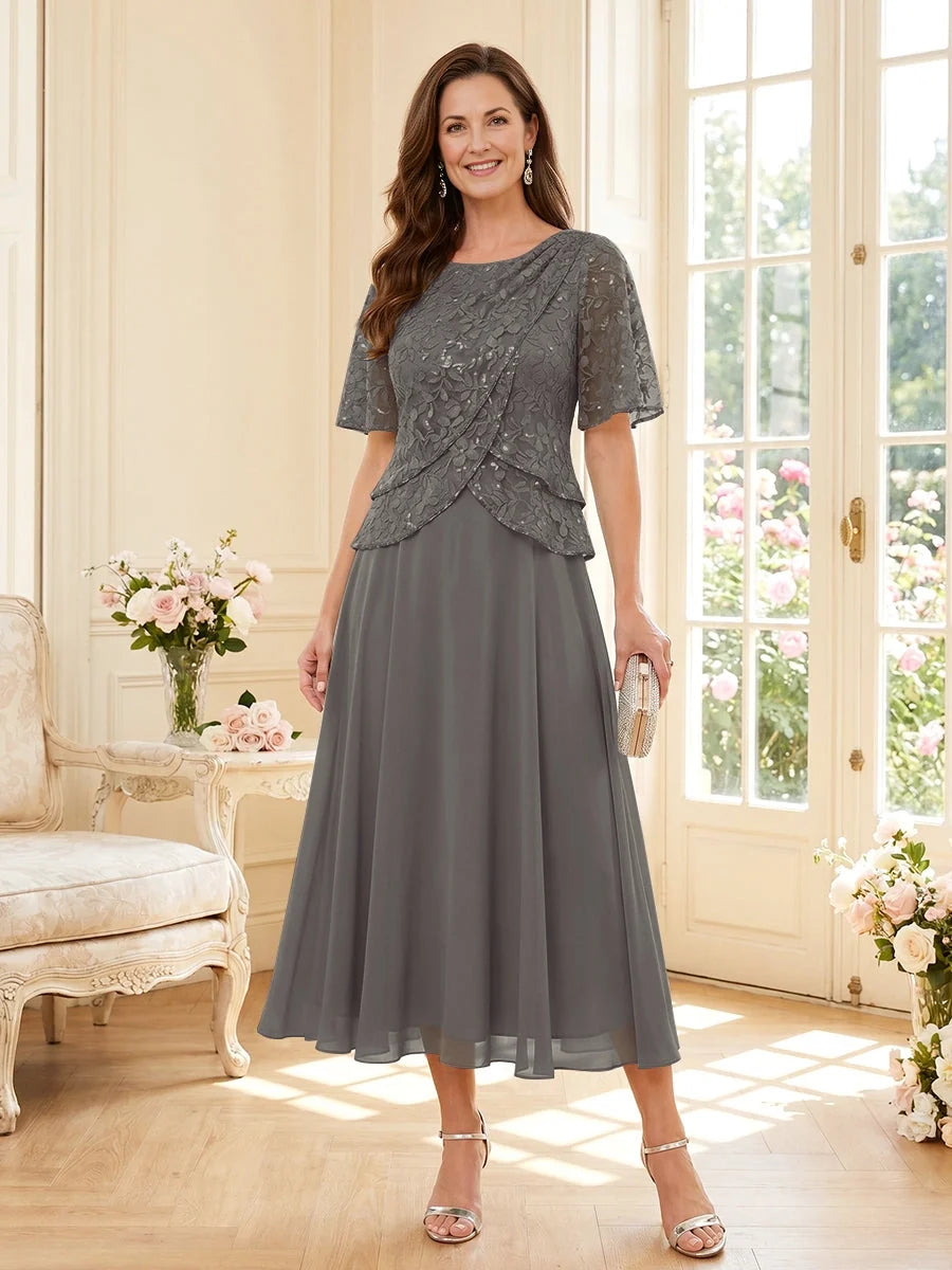 Sequin Floral A-Line Tea-Length Chiffon Mother of the Bride Dress for Formal Reception