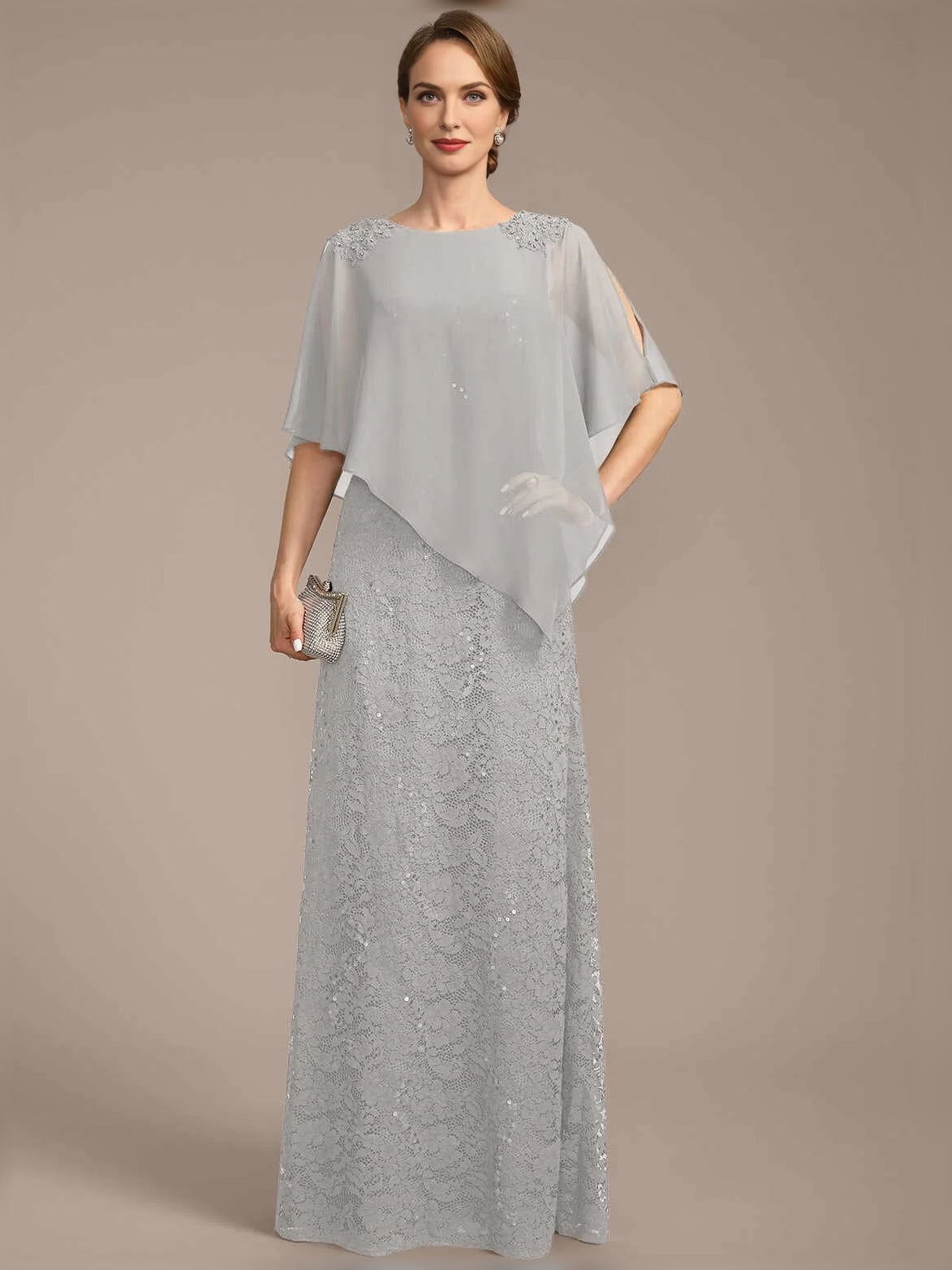 Sequin Bateau Neck Sheath Floor-Length Chiffon Mother of the Bride Dress for Formal Dinner