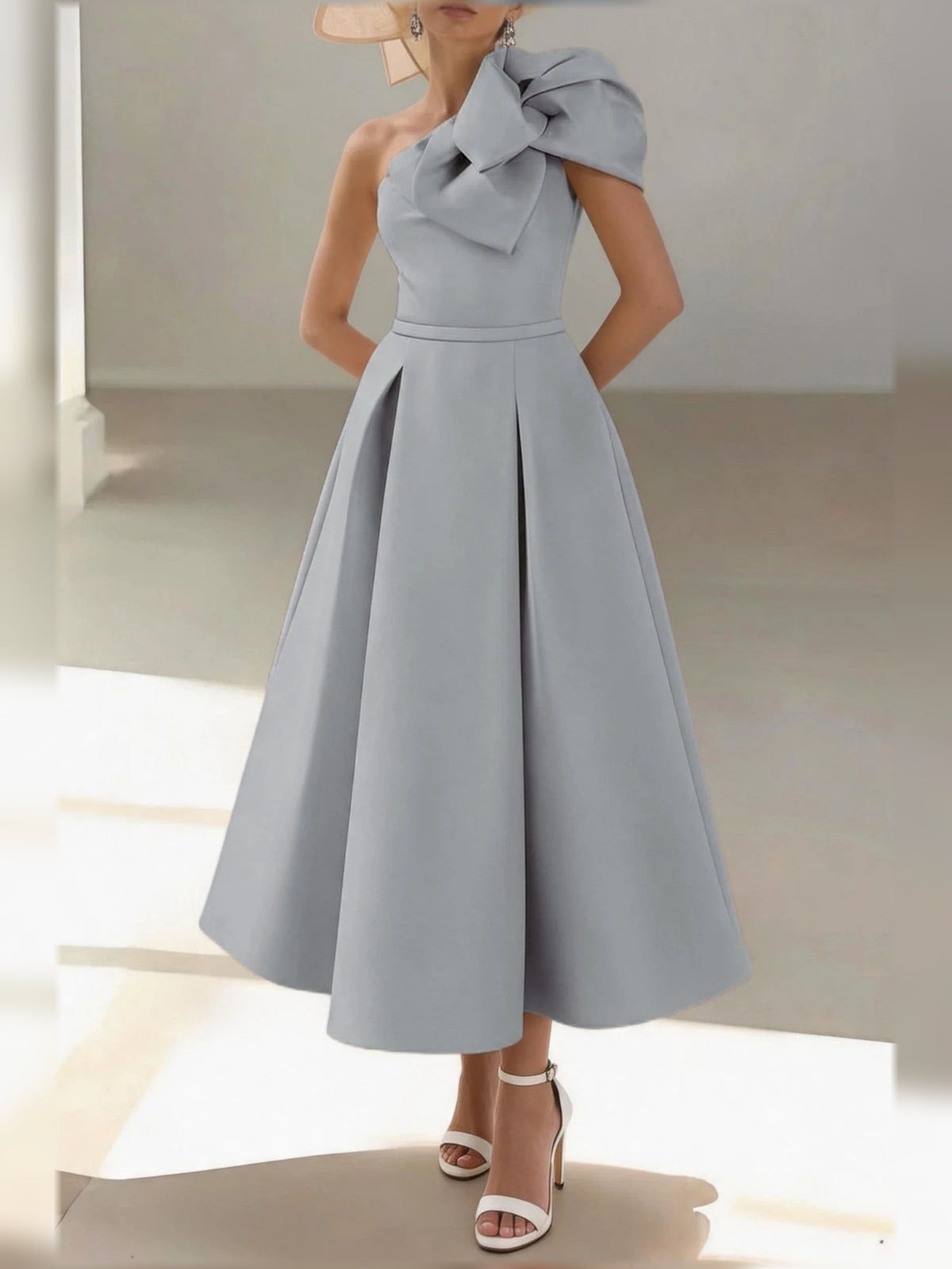 Pleated Draped One Shoulder A-Line Midi Satin Mother of the Bride Dress for Rehearsal Dinner