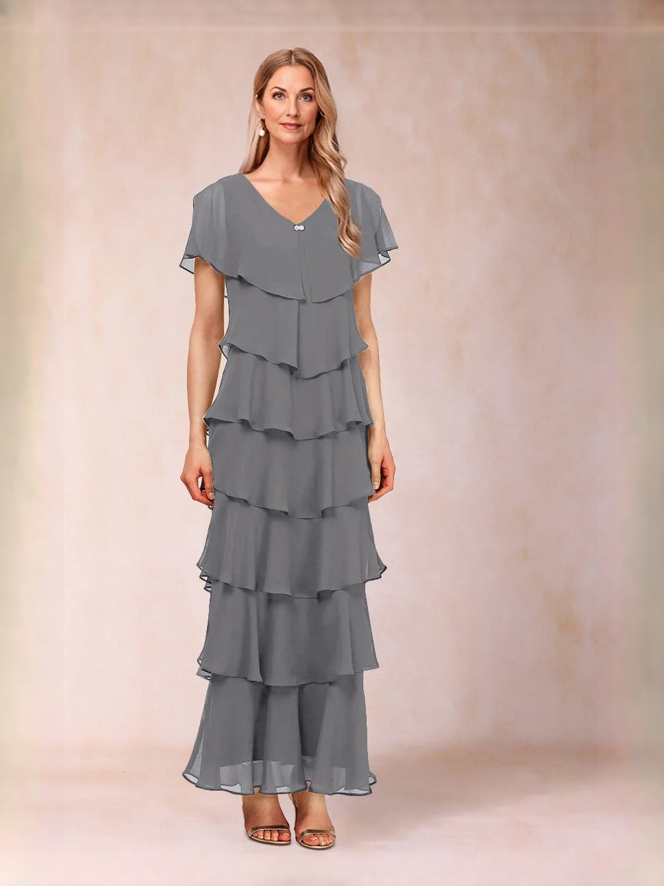 Tiered Ruffled V Neck A-Line Maxi Chiffon Mother of the Bride Dress for Reception Dinner
