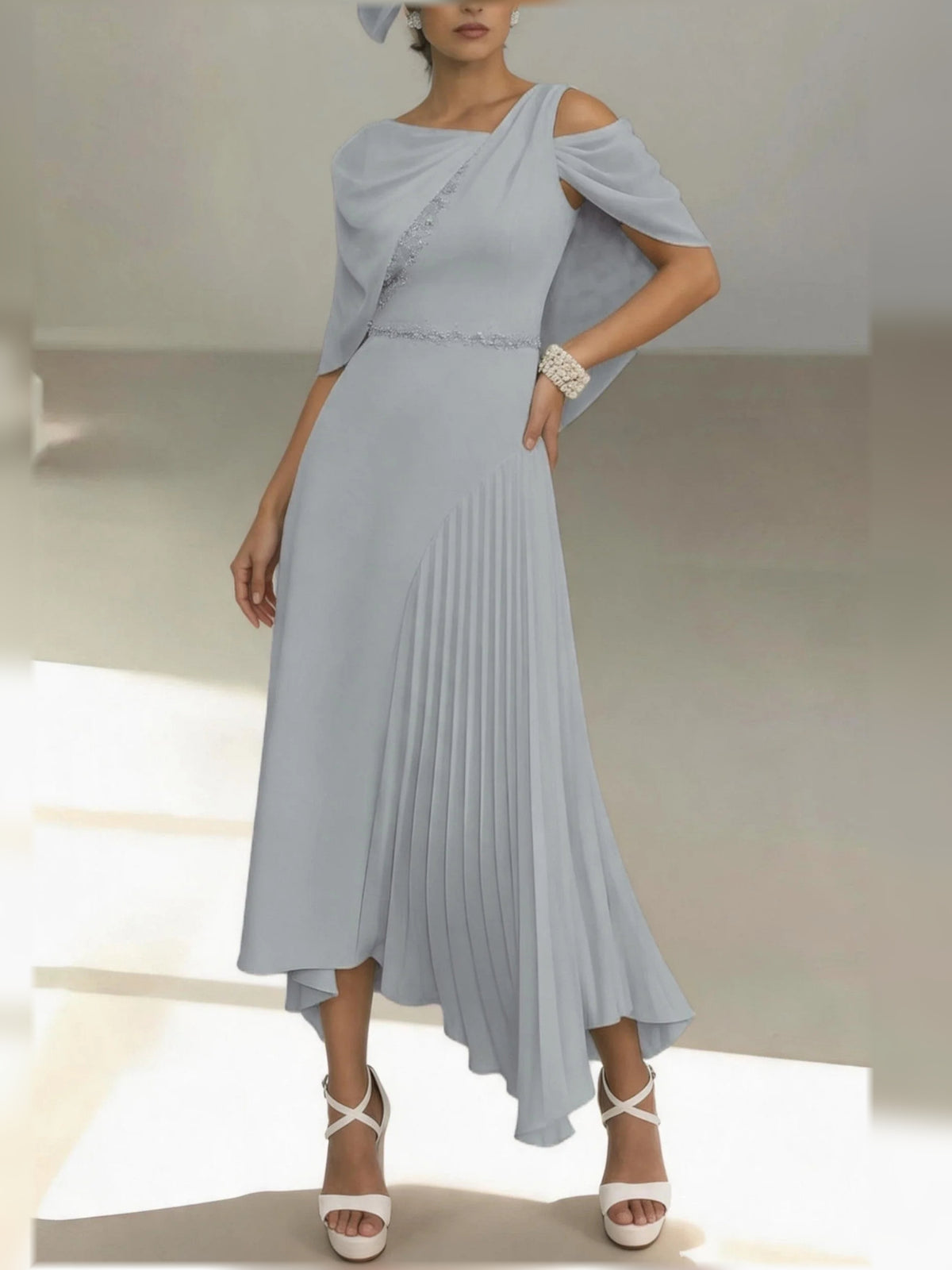 Pleated Draped One Shoulder A-Line Midi Chiffon Mother of the Bride Dress for Destination Wedding