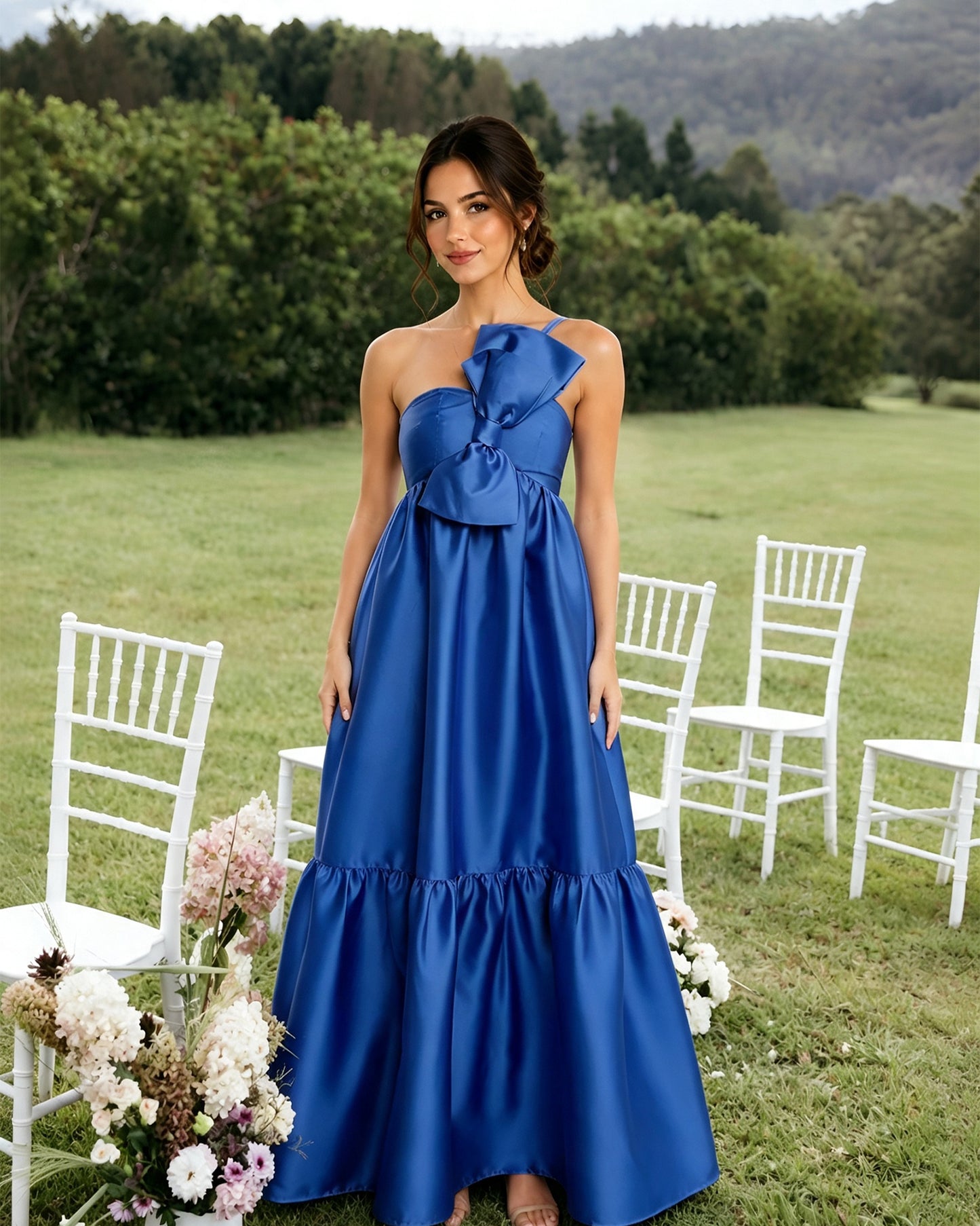 One-Shoulder Satin A-Line Bridesmaid Dress with Statement Ruffle