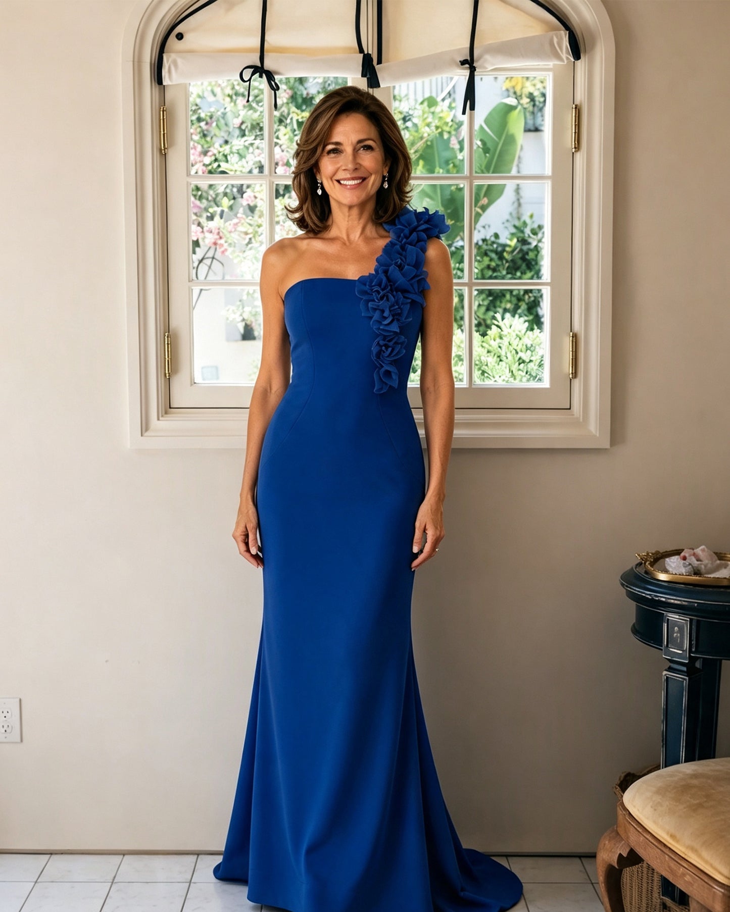 One-Shoulder Floral Applique Mermaid Mother of the Bride Dress