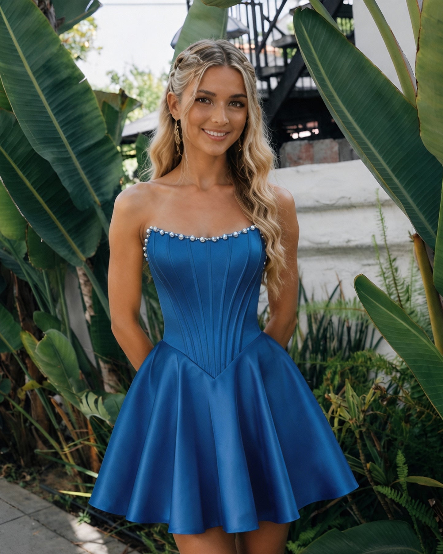 Strapless Pearl Trim Satin Corset Homecoming Dress