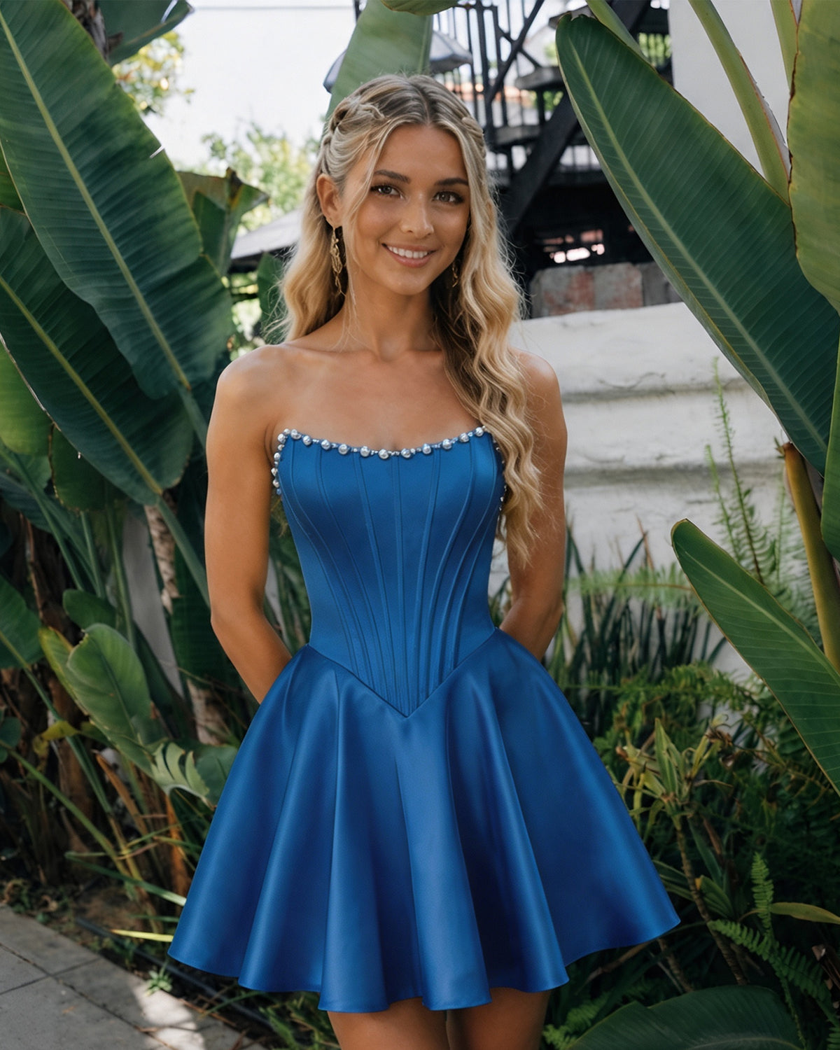 Strapless Pearl Trim Satin Corset Homecoming Dress