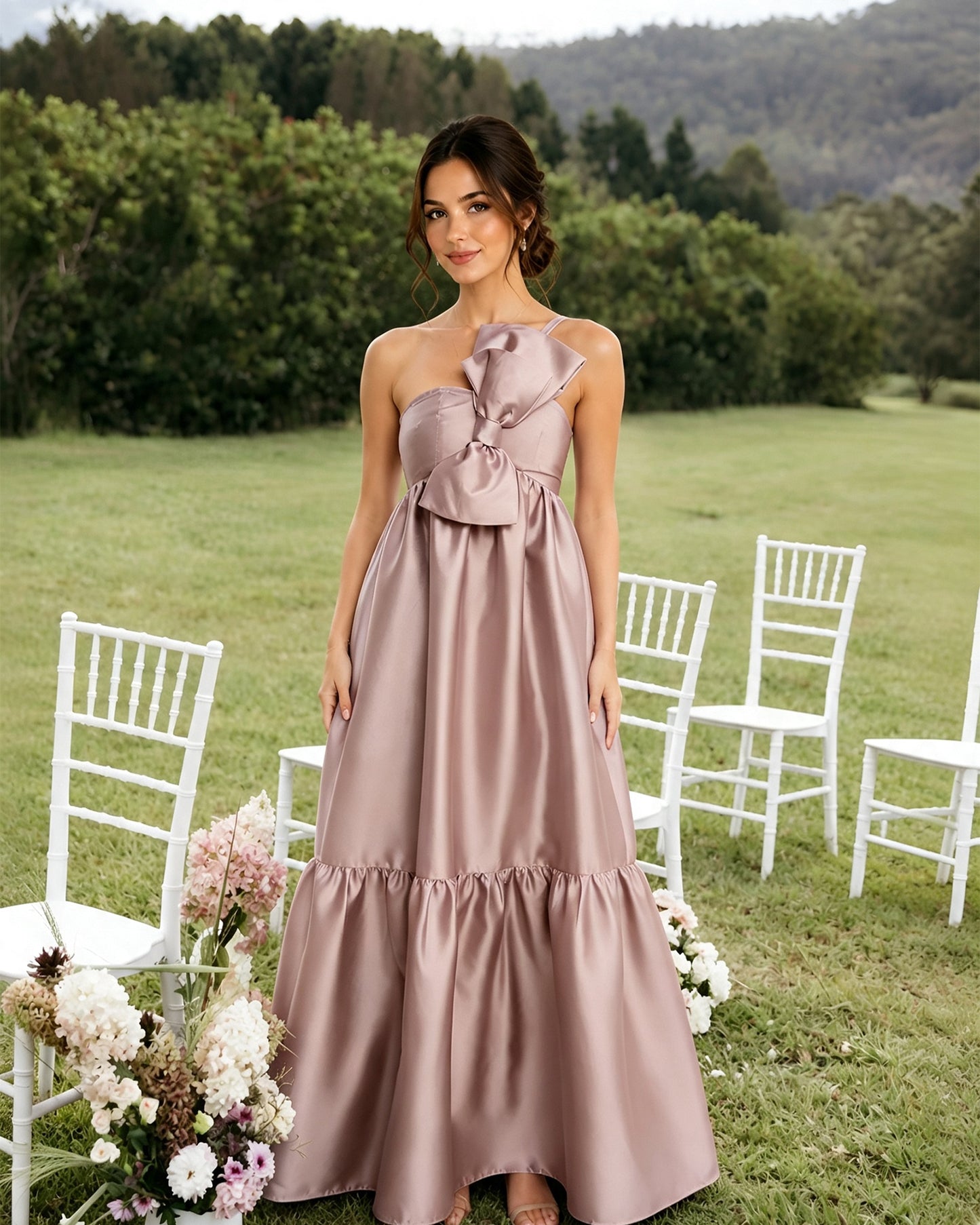 One-Shoulder Satin A-Line Bridesmaid Dress with Statement Ruffle