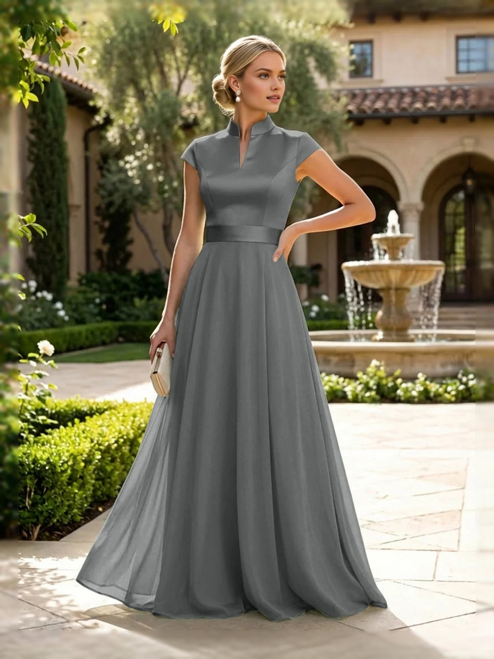 Slit High Neck A-Line Floor-Length Satin Mother of the Bride Dress for Bridal Luncheon