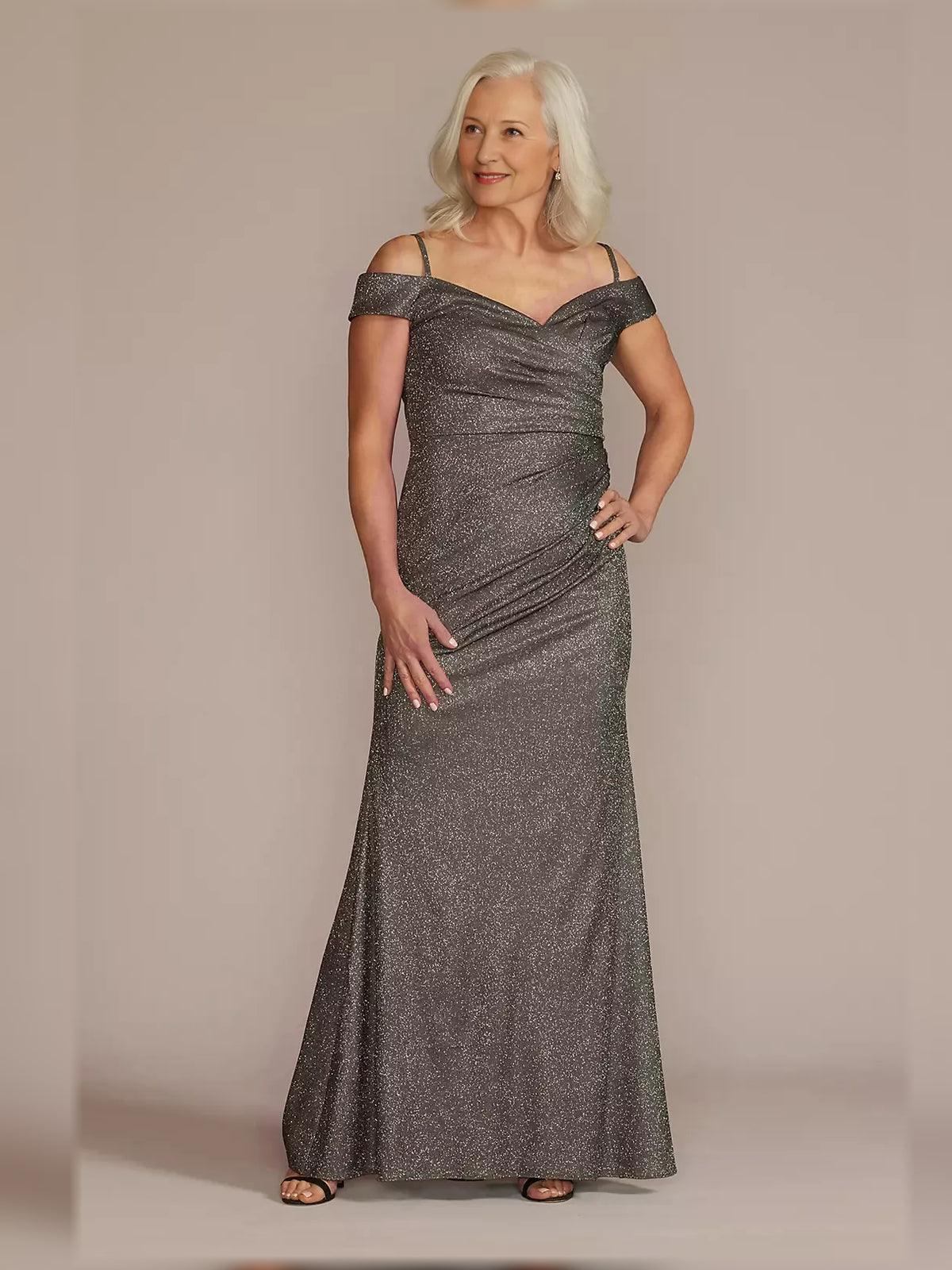 Ruched Glitter Off Shoulder Sheath Floor-Length Mother of the Bride Dress for Formal Ceremony