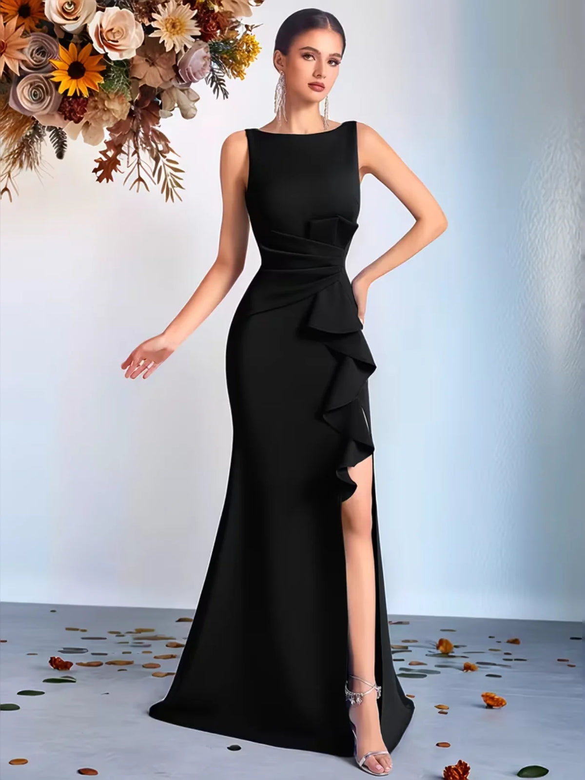 Ruffled Slit Backless Round Neck Sheath Floor-Length Prom Dress for Gala