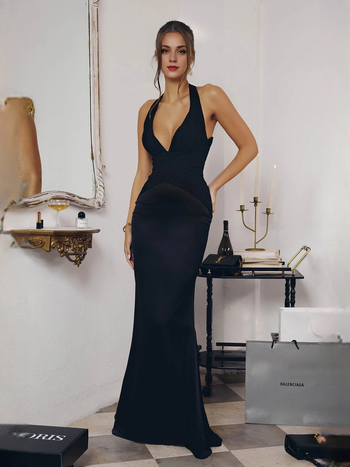 Halter Neck Ruching Open Back Floor-Length Formal Dress
