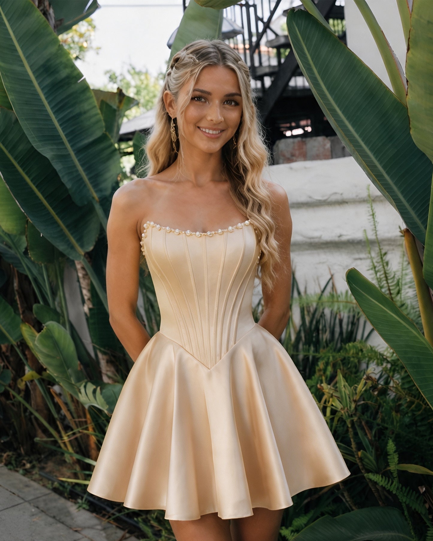 Strapless Pearl Trim Satin Corset Homecoming Dress