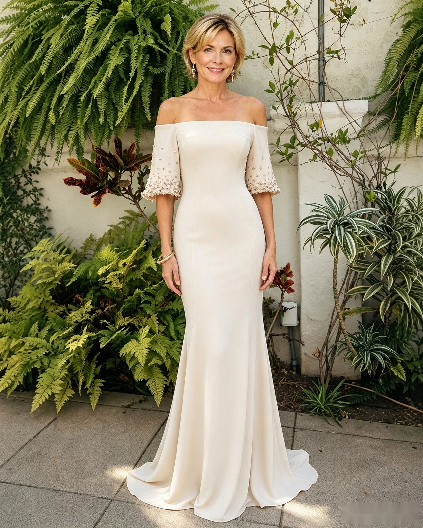 Off-Shoulder Lace Cuff Mermaid Mother of the Bride Dress