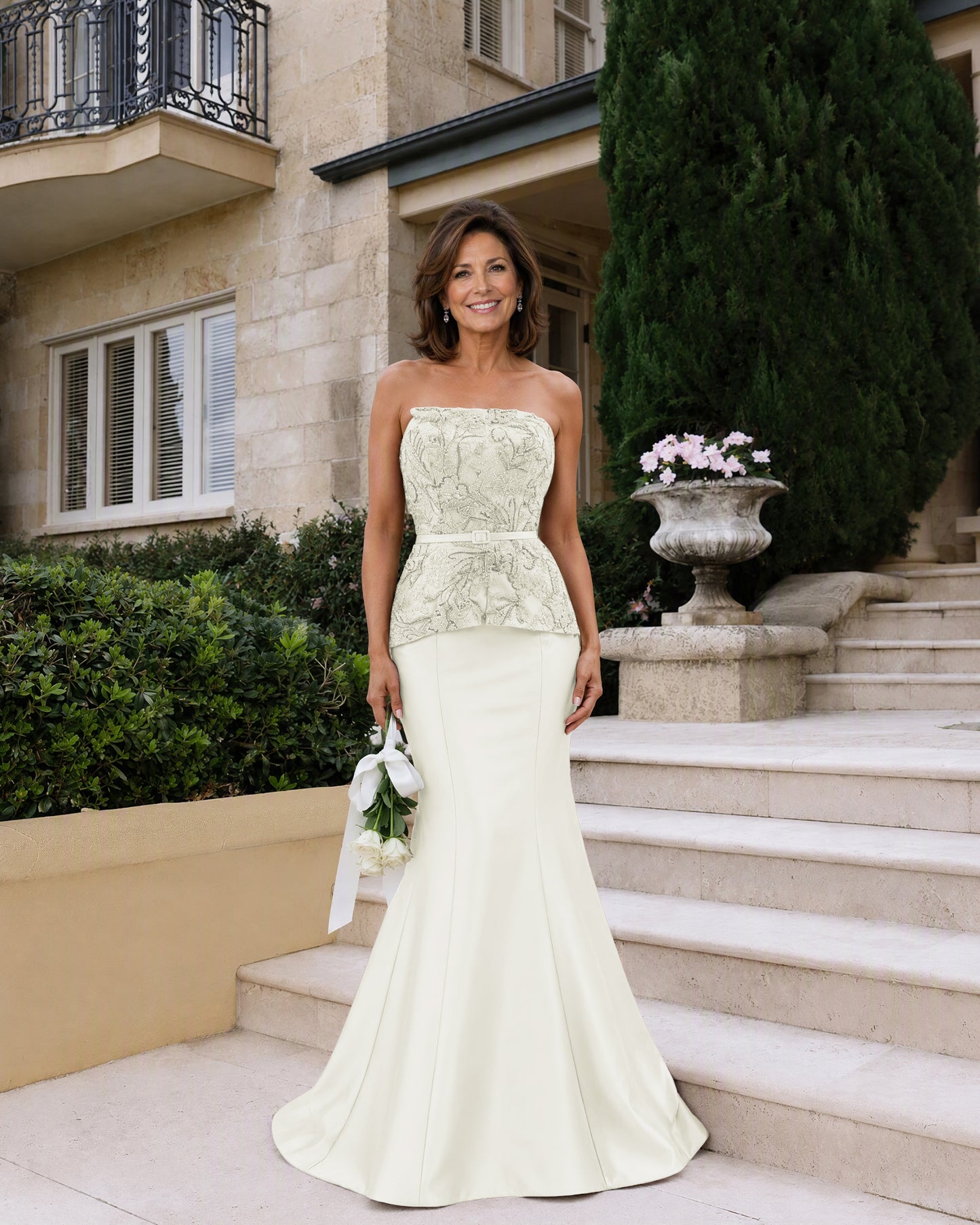 Strapless Lace Peplum Mermaid Mother of the Bride Dress