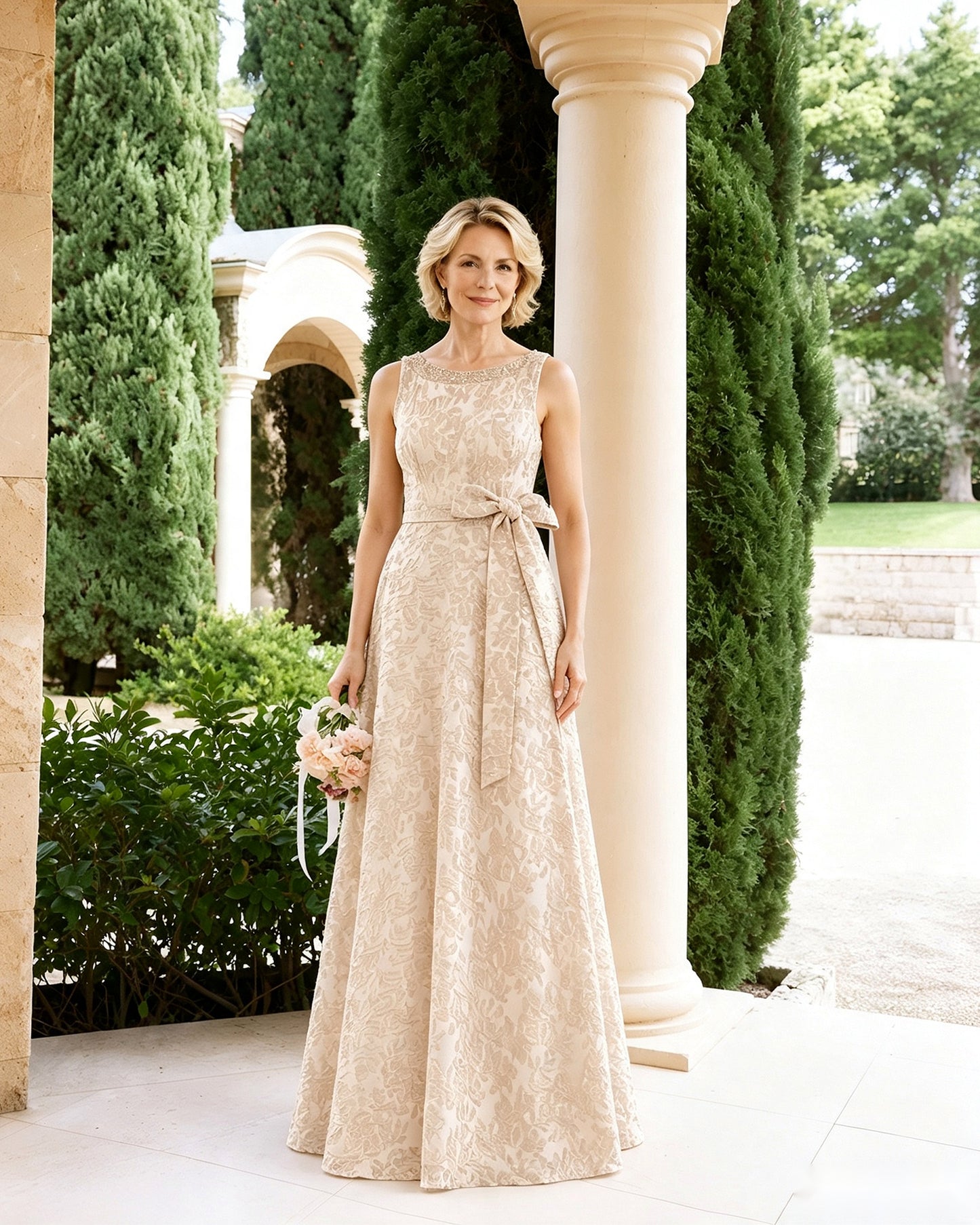 Sleeveless Lace A-Line Mother of the Bride Dress with Sash Bow