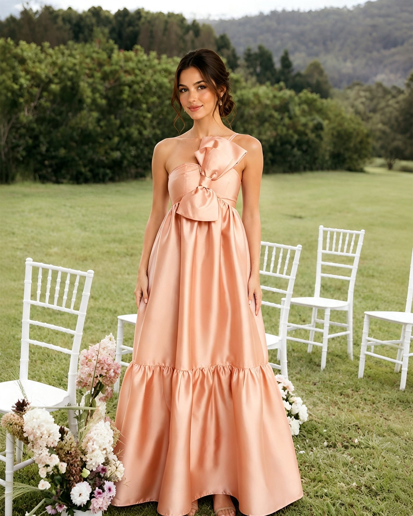 One-Shoulder Satin A-Line Bridesmaid Dress with Statement Ruffle