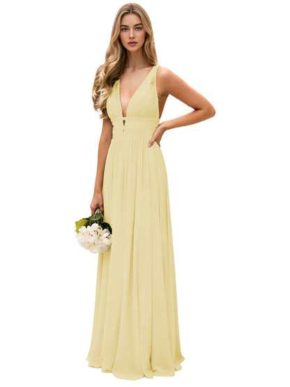 Spaghetti Strap V-Neck Chiffon Bridesmaid Dress with Open Back