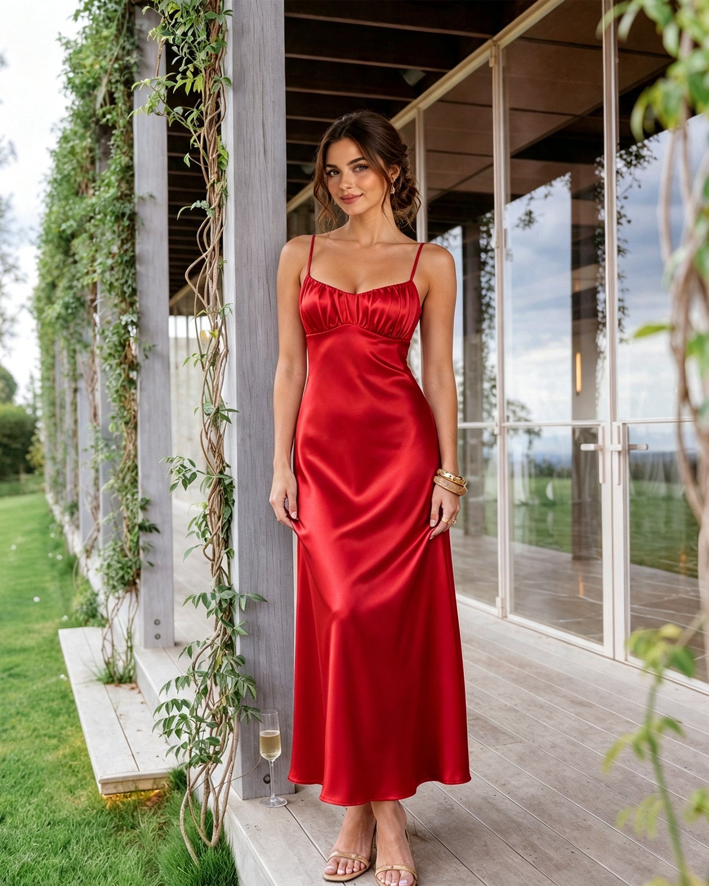 Spaghetti Strap Ruched Bust Satin Bridesmaid Dress with Tie-Back