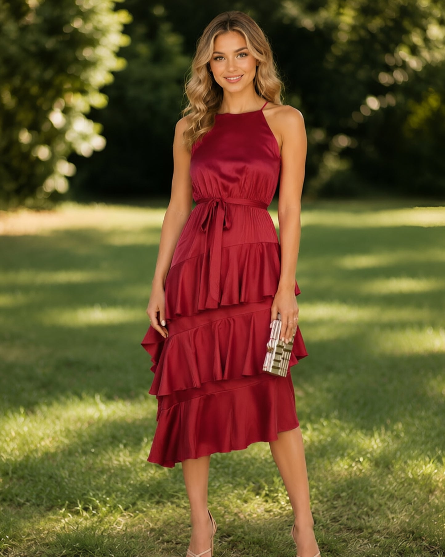 Halter Neck Tiered Ruffle Midi Bridesmaid Dress with Tie Waist