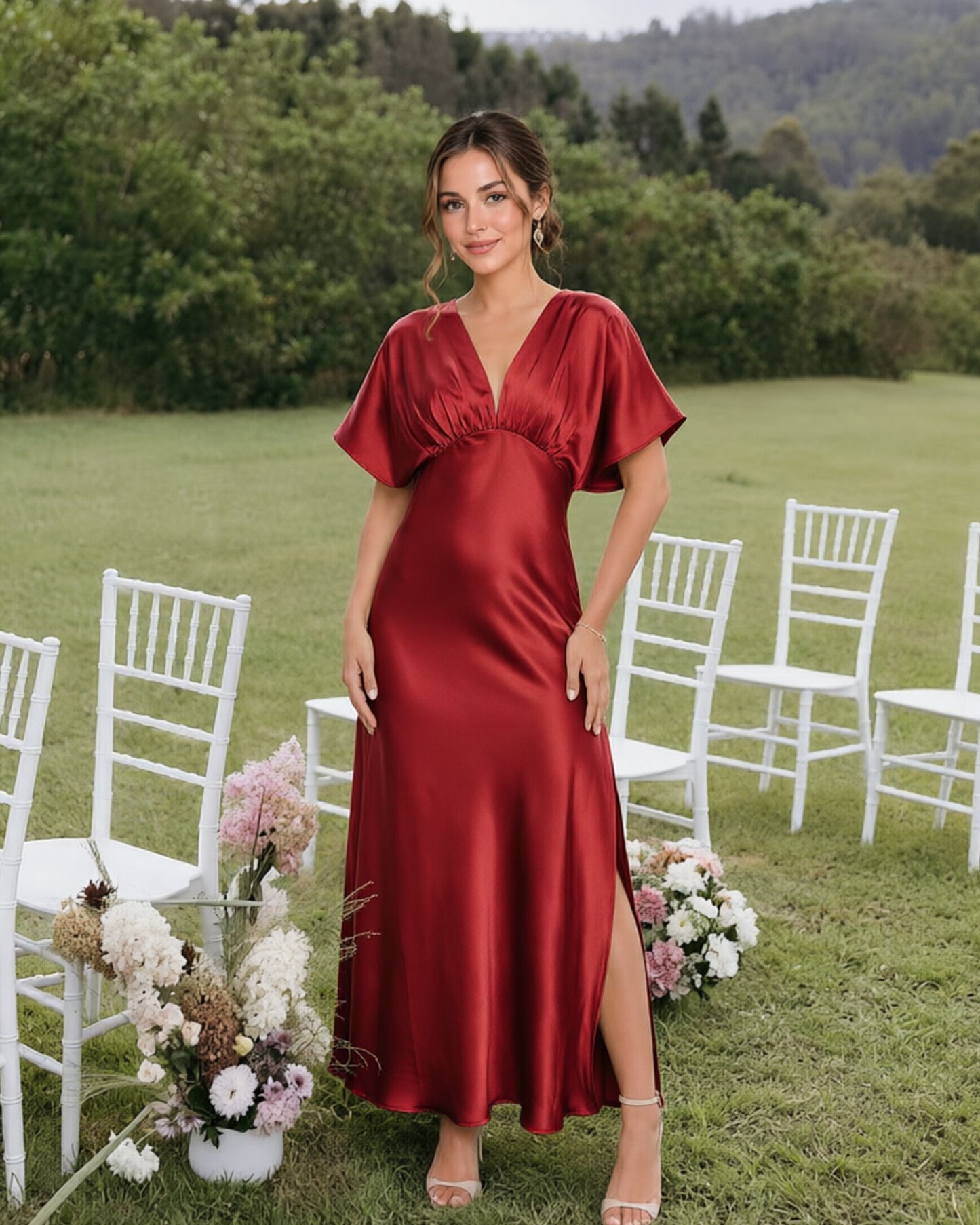 Empire Waist Satin Bridesmaid Dress with Flutter Sleeves and Side Slit