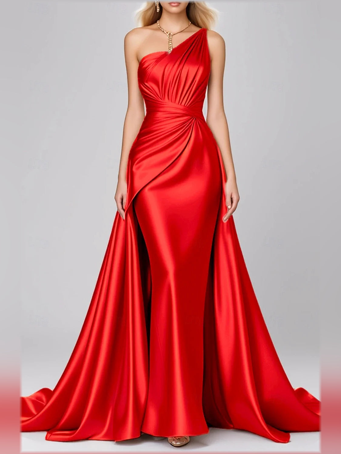 One-Shoulder Draped Overlay-Train Satin Mermaid Formal Dress