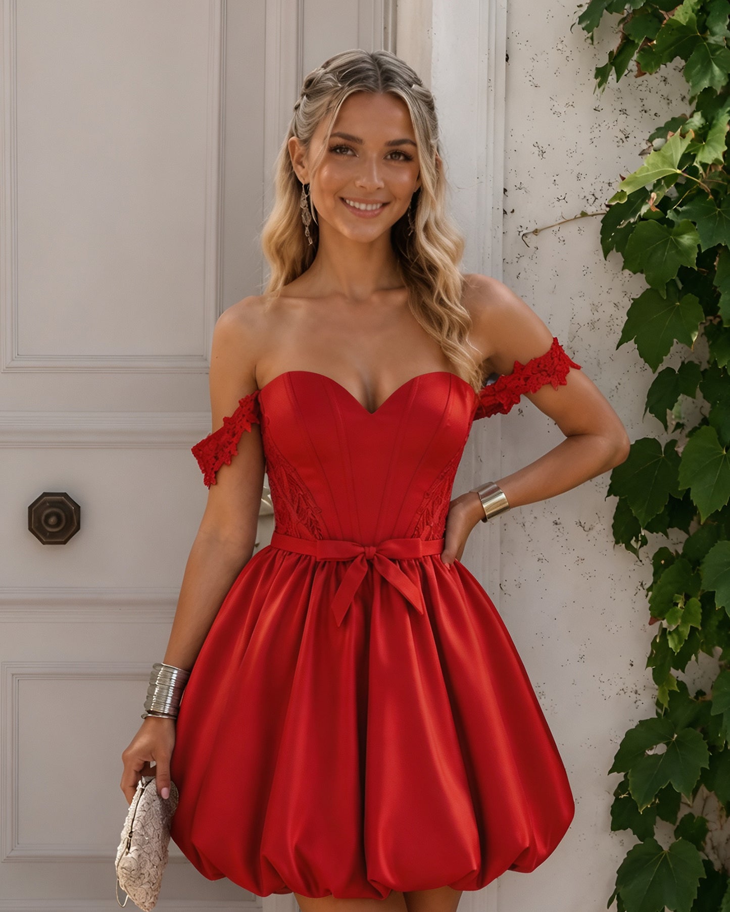 Off-Shoulder Floral Satin Bubble Hem Homecoming Dress