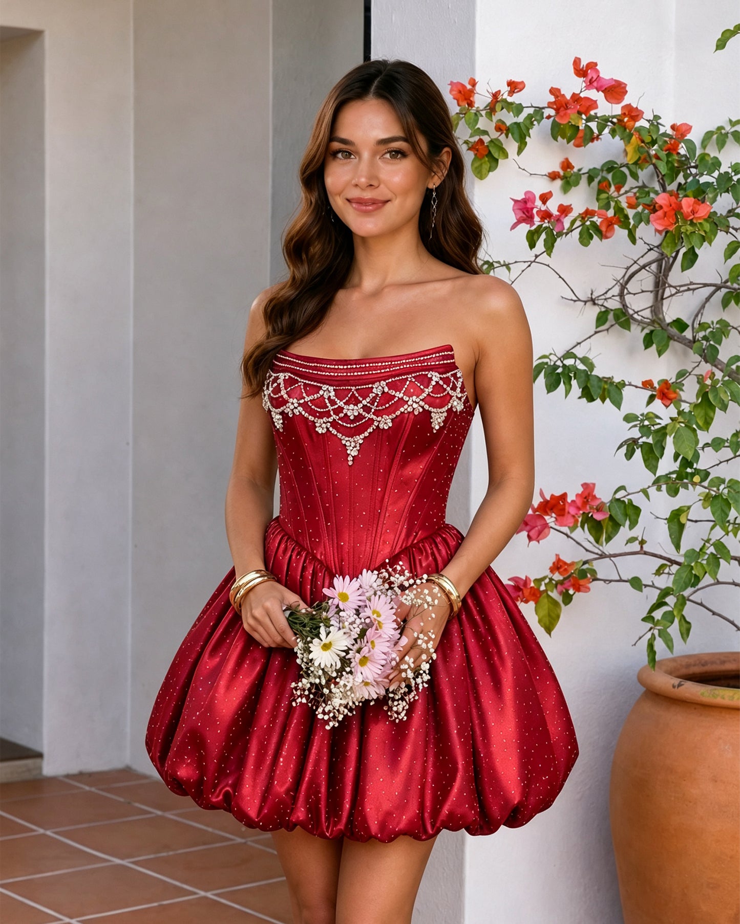 Strapless Beaded Corset Bubble Hem Homecoming Dress