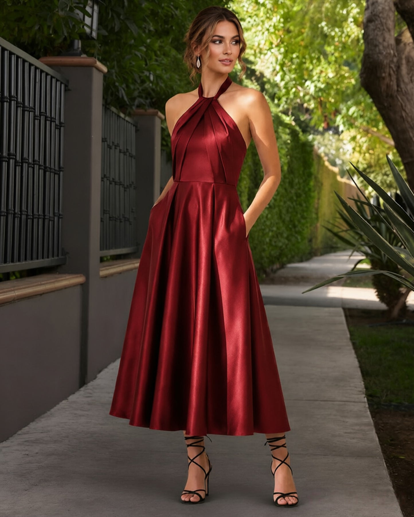 Halter Neck Satin Tea-Length Formal Dress with Open Back