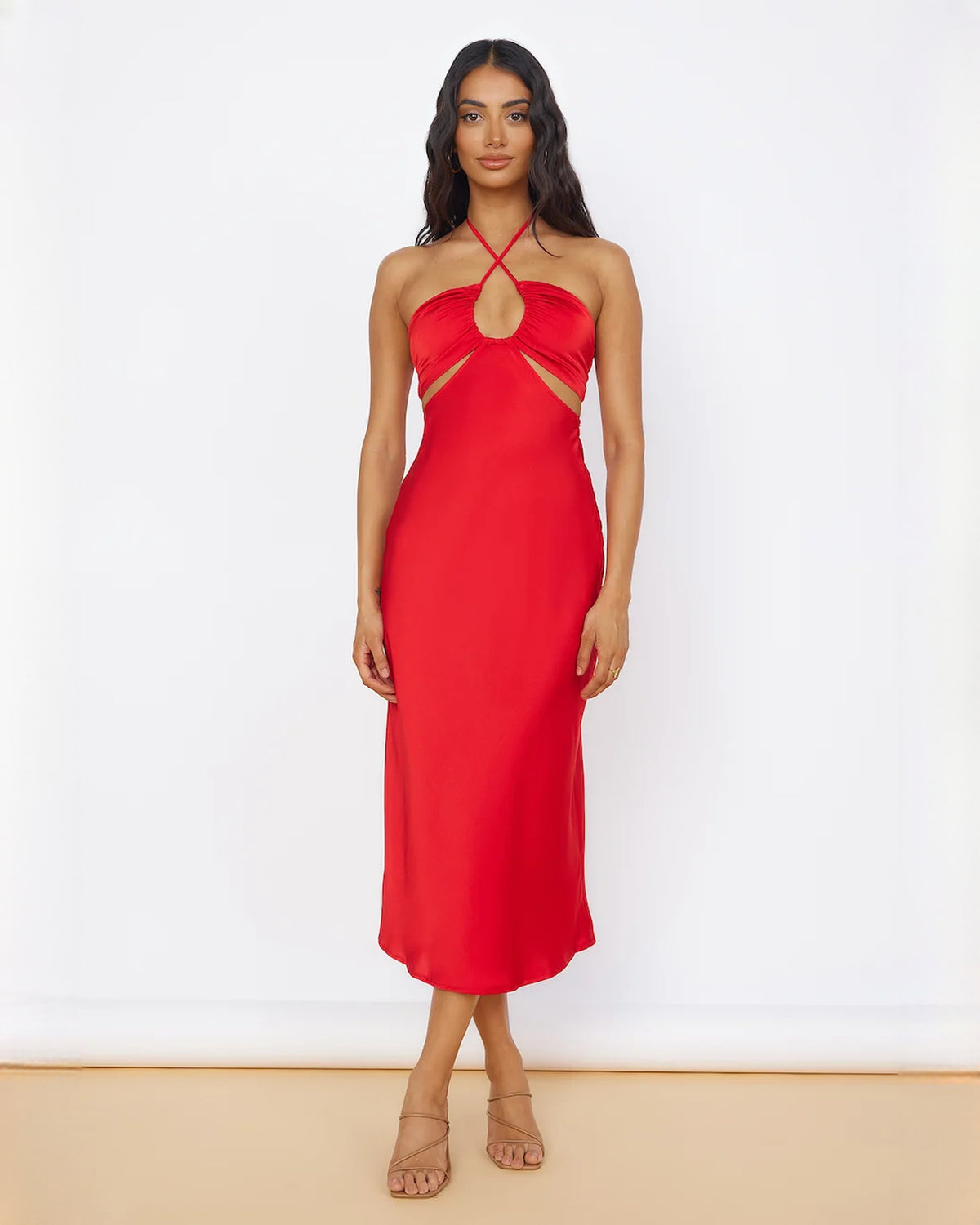 Sleeveless Satin A-Line Midi Bridesmaid Dress for Daytime Wedding