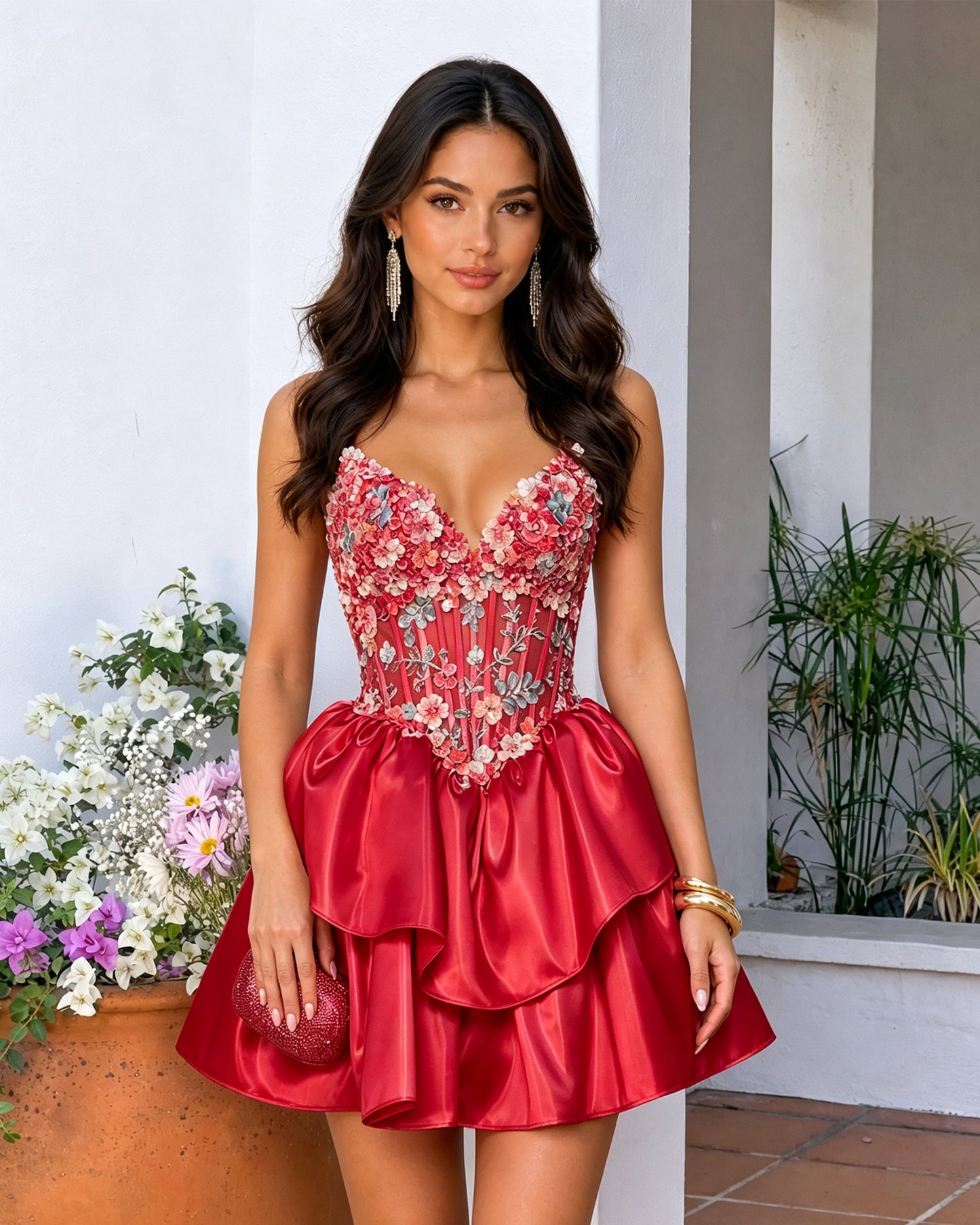Spaghetti Strap Crystal Corset Tiered Satin Homecoming Dress