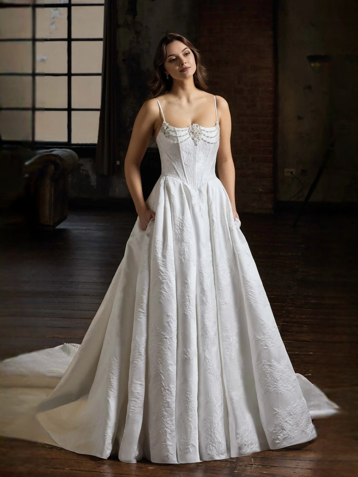 Corset Beaded Floral Square Neck Ball-Gown Floor-Length Satin Wedding Dress for Destination Wedding