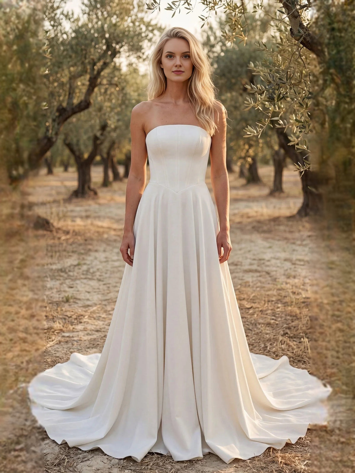 Draped Corset Strapless A-Line Floor-Length Satin Wedding Dress for Bridal Portraits