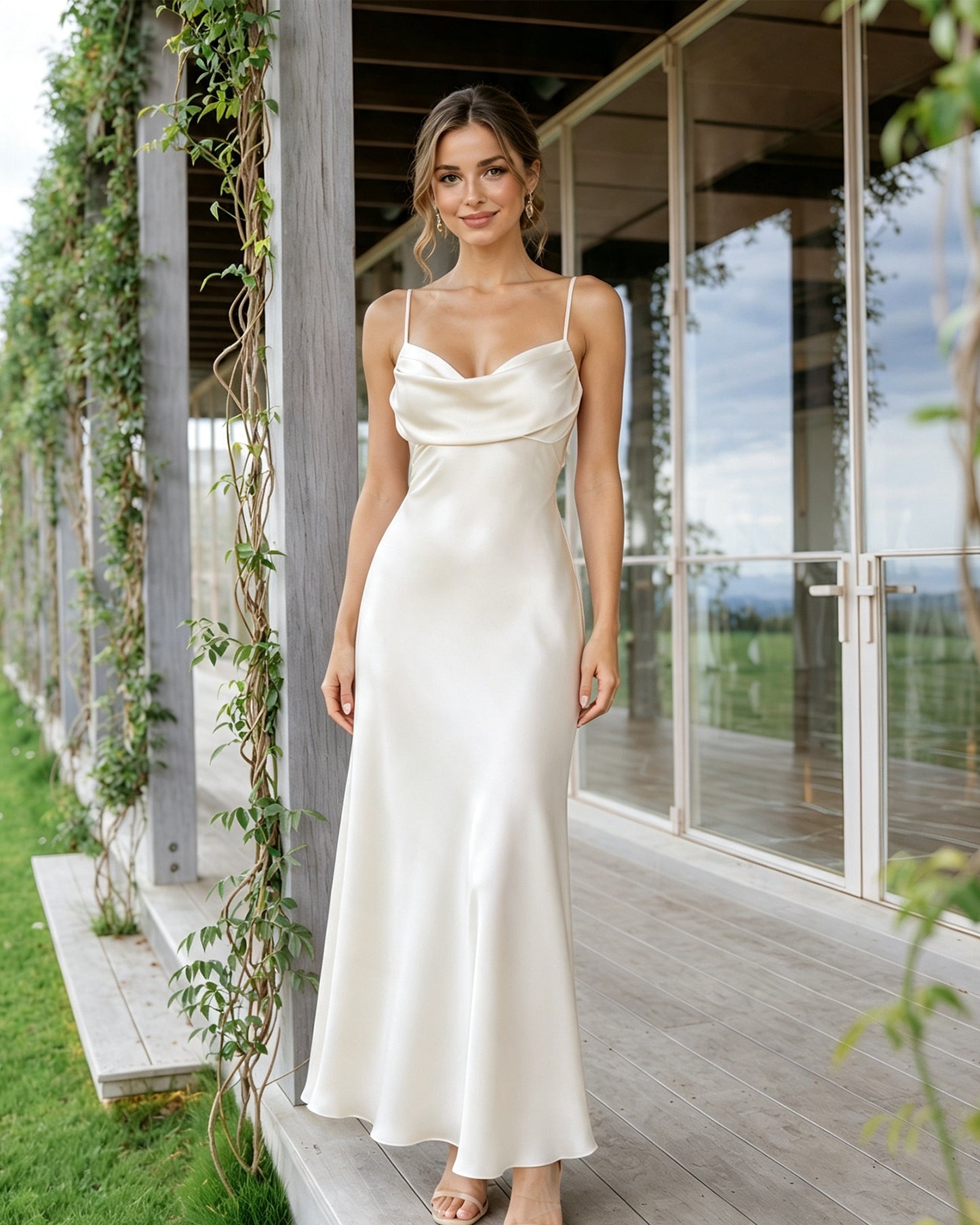 Cowl Neck Satin Bridesmaid Dress with Spaghetti Straps and Tie-Back