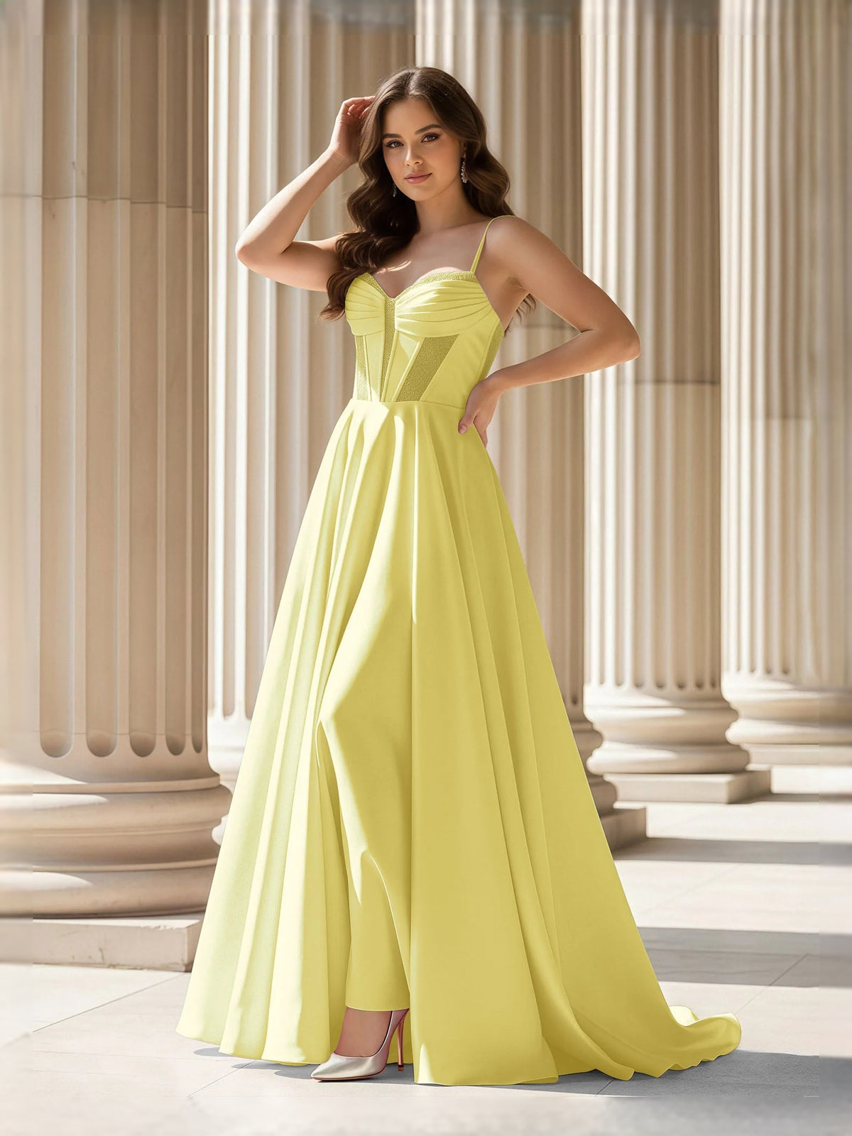 Draped Corset Slit Sweetheart A-Line Maxi Satin Prom Dress for Pageant