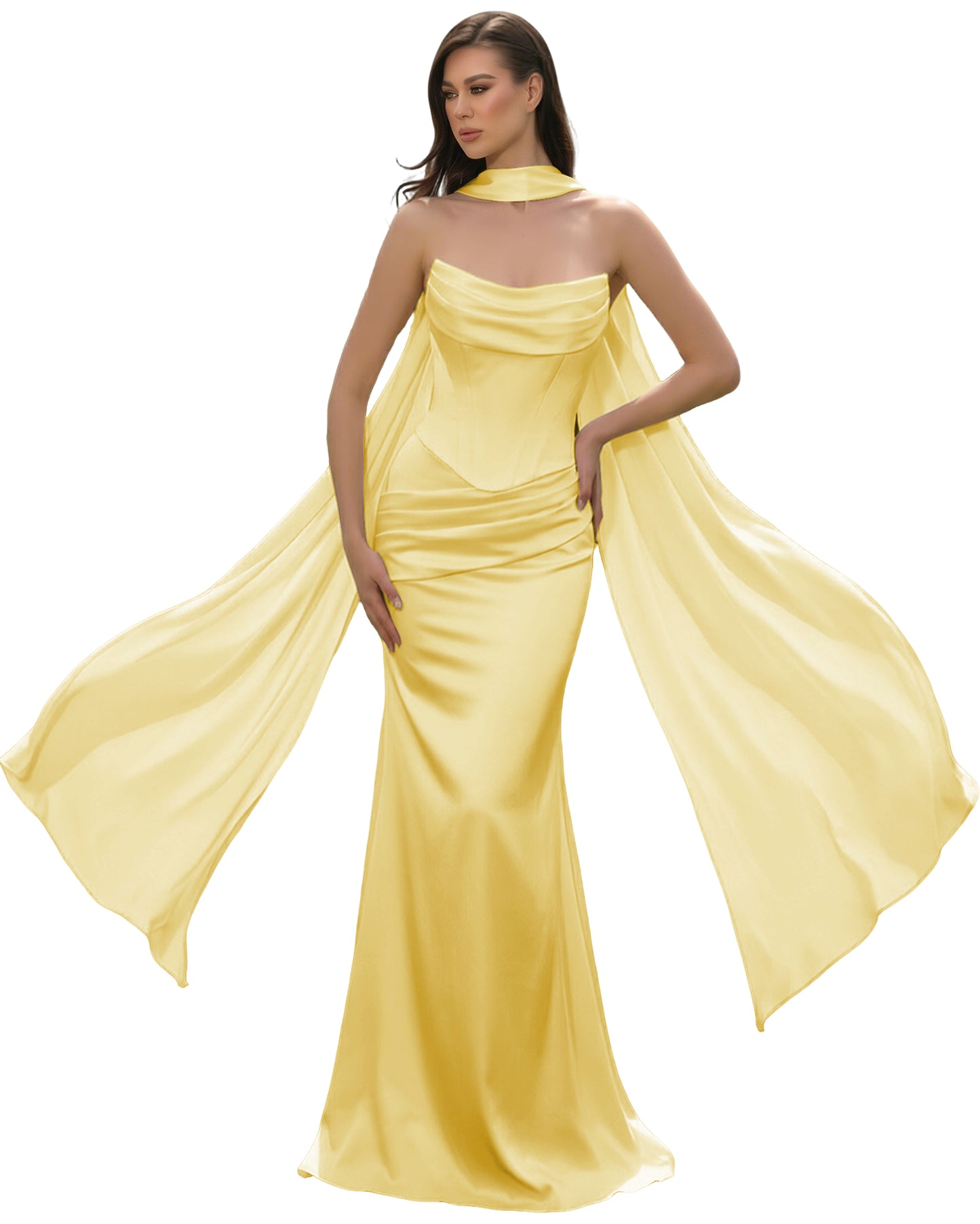 Satin Corset Mermaid Bridesmaid Dress with Cowl Neck and Dramatic Scarf
