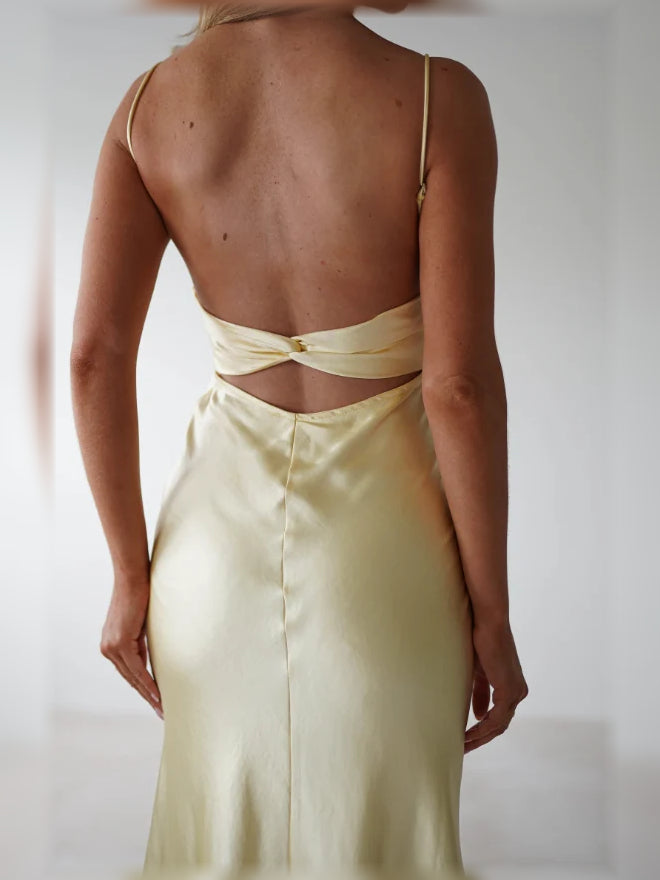 Draped Slit Backless Straight Across Sheath Maxi Satin Bridesmaid Dress for Wedding Reception