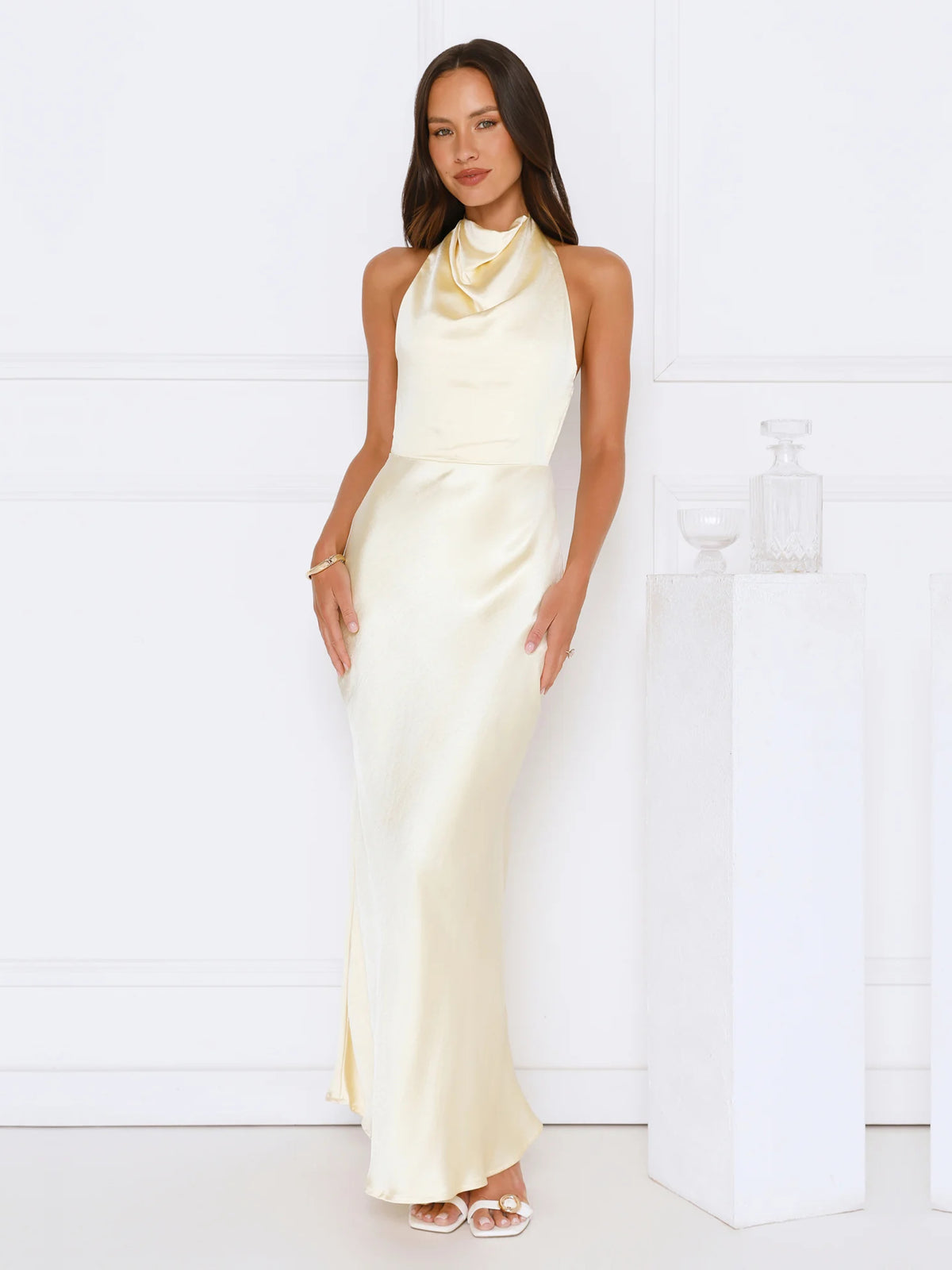 Yellow Halter Neck Open Back Sheath Maxi Formal Dress