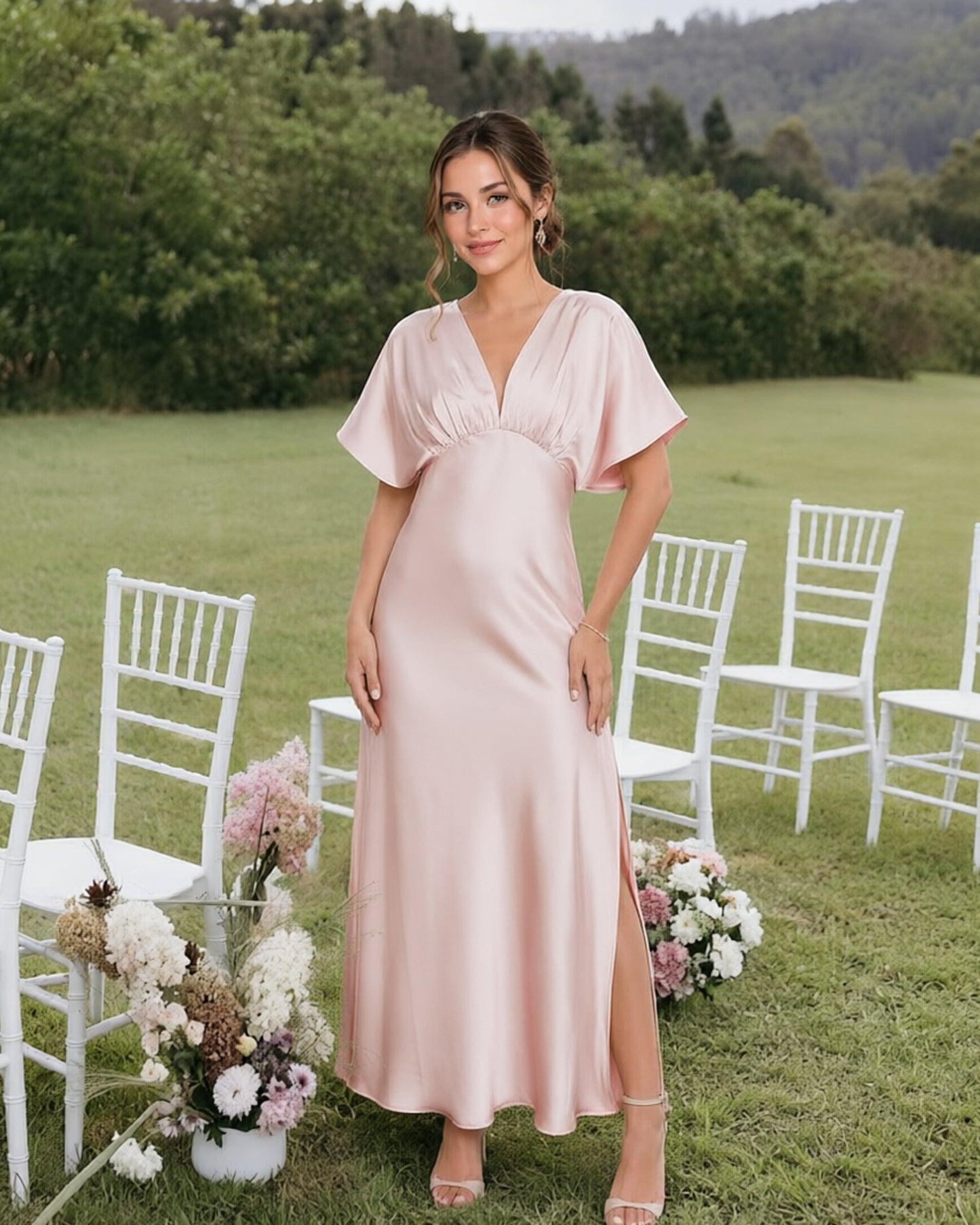 Empire Waist Satin Bridesmaid Dress with Flutter Sleeves and Side Slit