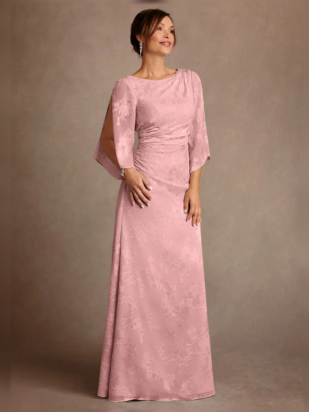 Ruched Draped Floral Bateau Neck Column Floor-Length Mother of the Bride Dress for Wedding Dinner