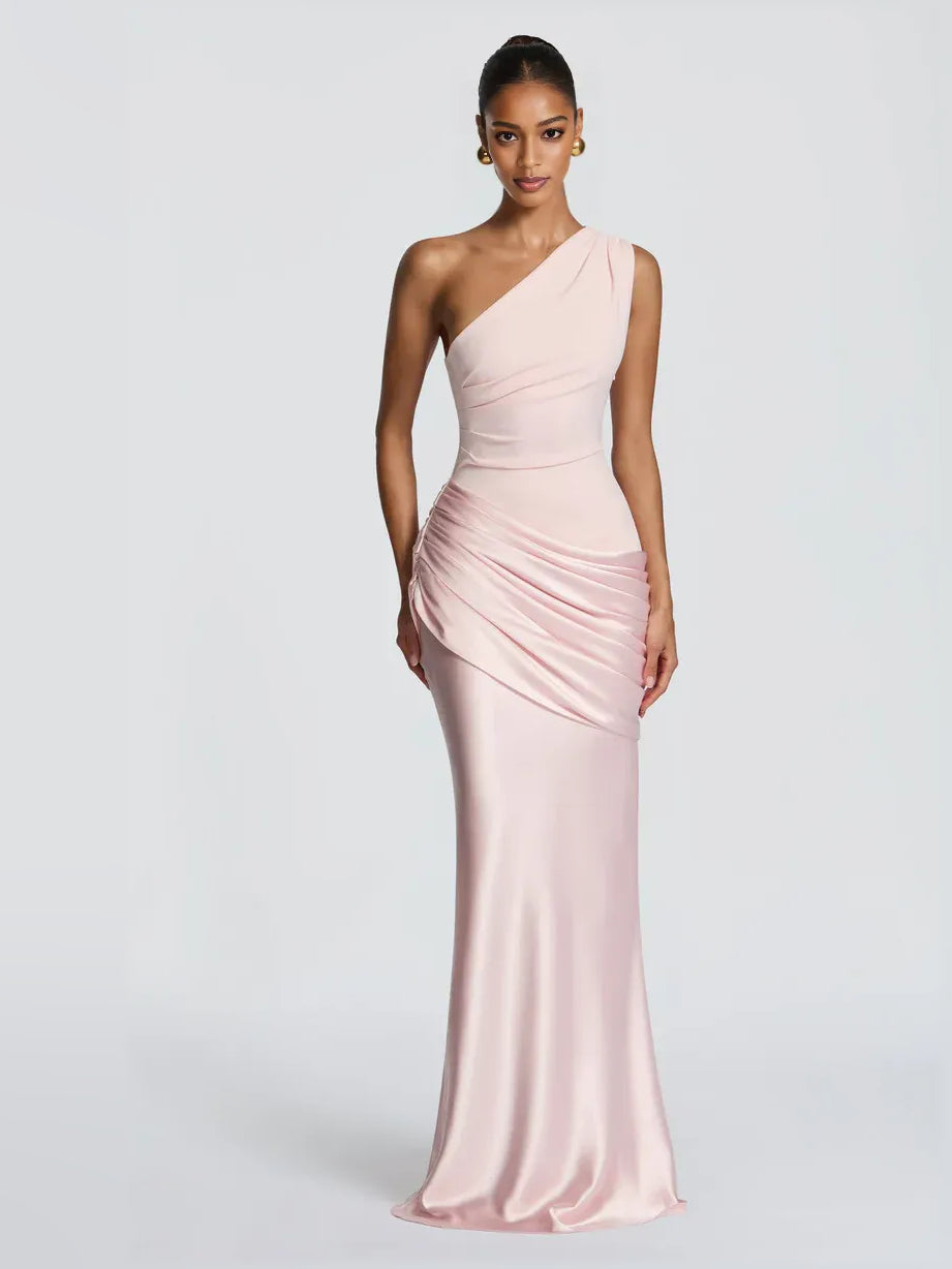 One-Shoulder Satin Ruched Mermaid Maxi Formal Dress