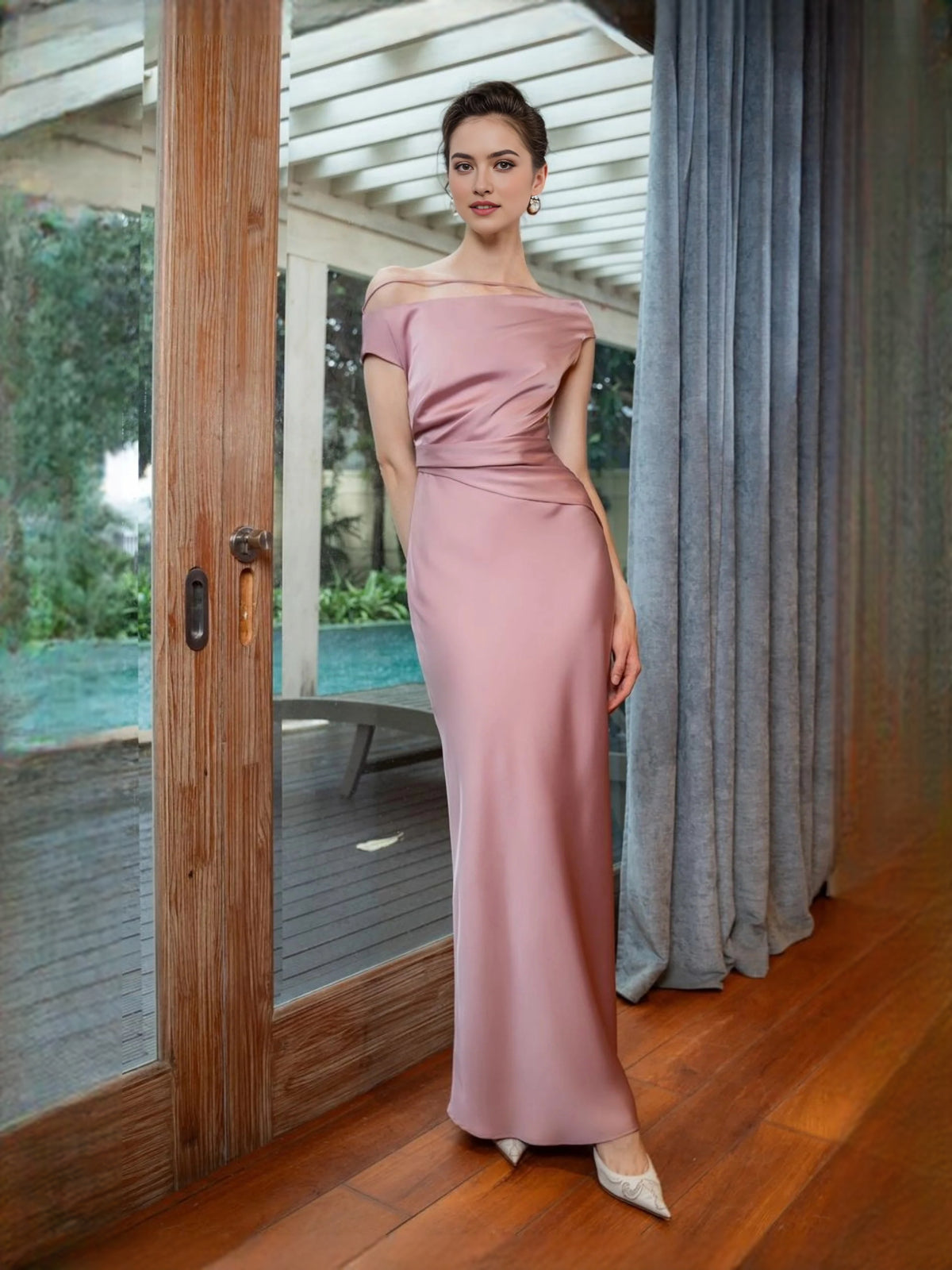 Draped Off Shoulder Mermaid Maxi Satin Prom Dress for Special Occasion