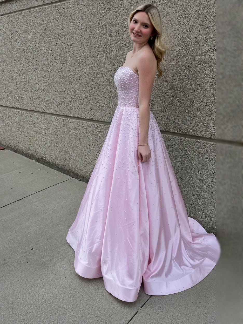 Beaded Glitter Sweetheart A-Line Maxi Satin Prom Dress for Awards Dinner