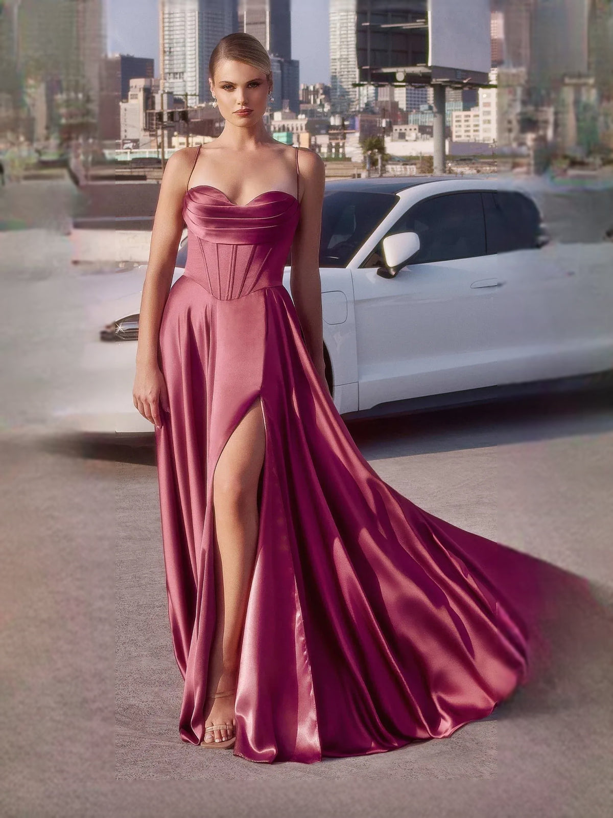 Ruched Corset Slit Sweetheart A-Line Floor-Length Satin Prom Dress for Charity Ball