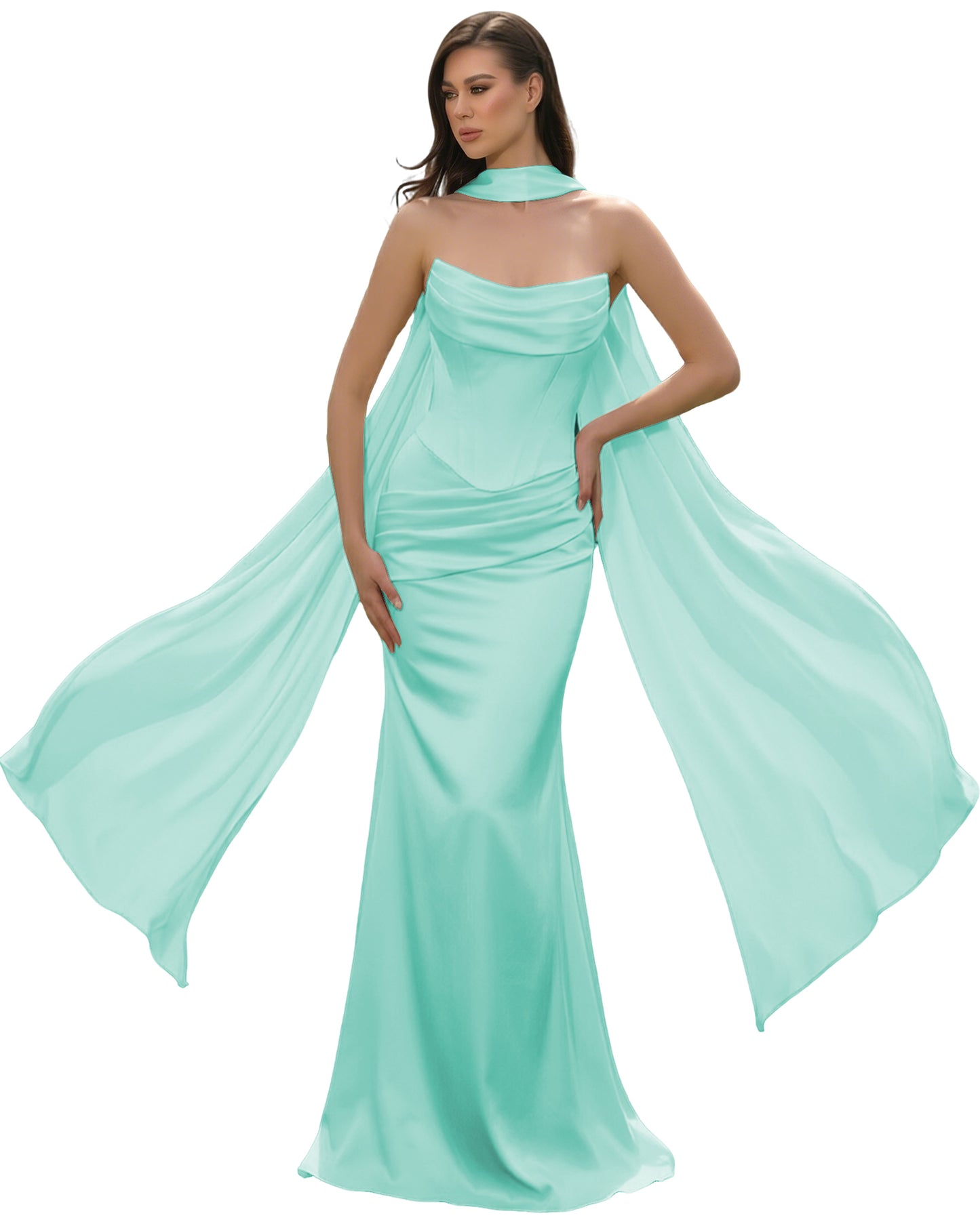 Satin Corset Mermaid Bridesmaid Dress with Cowl Neck and Dramatic Scarf