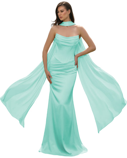 Mint Satin Corset Mermaid Bridesmaid Dress with Cowl Neck and Dramatic Scarf color option