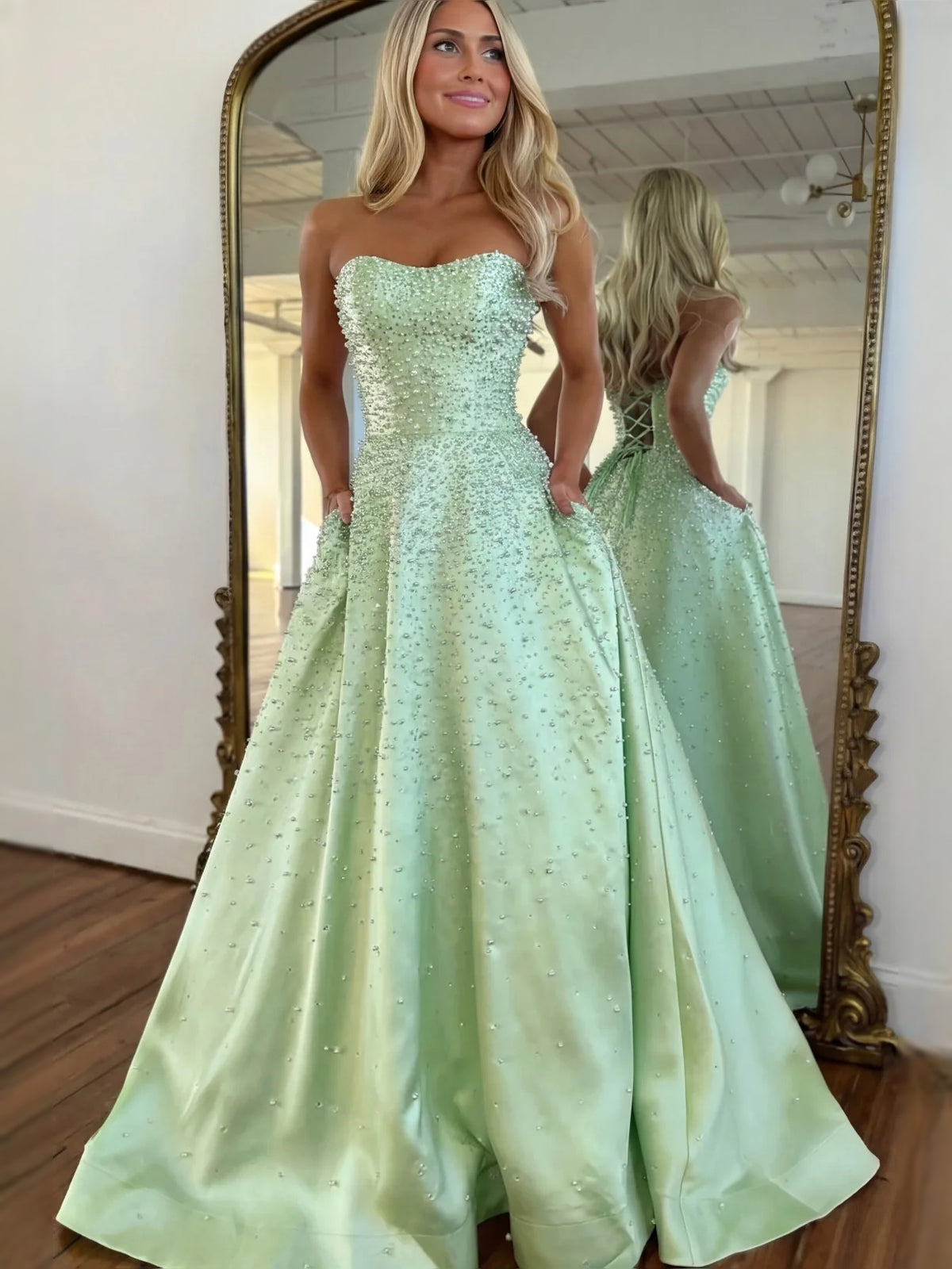 Beaded Glitter Sweetheart A-Line Maxi Satin Prom Dress for Awards Dinner