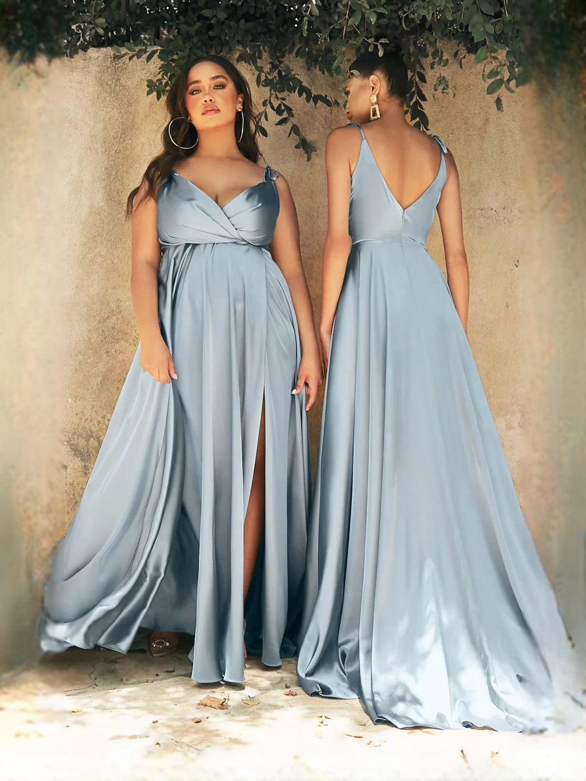 Draped Front-Slit Slit Backless V Neck A-Line Floor-Length Satin Prom Dress for Celebration Dinner